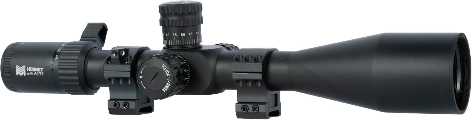 Monstrum Hornet 6-24×50 FFP Rifle Scope | Includes Zero Stop, Bubble Level Scope Rings, 1 CR2032 Battery, and Detachable Sunshade