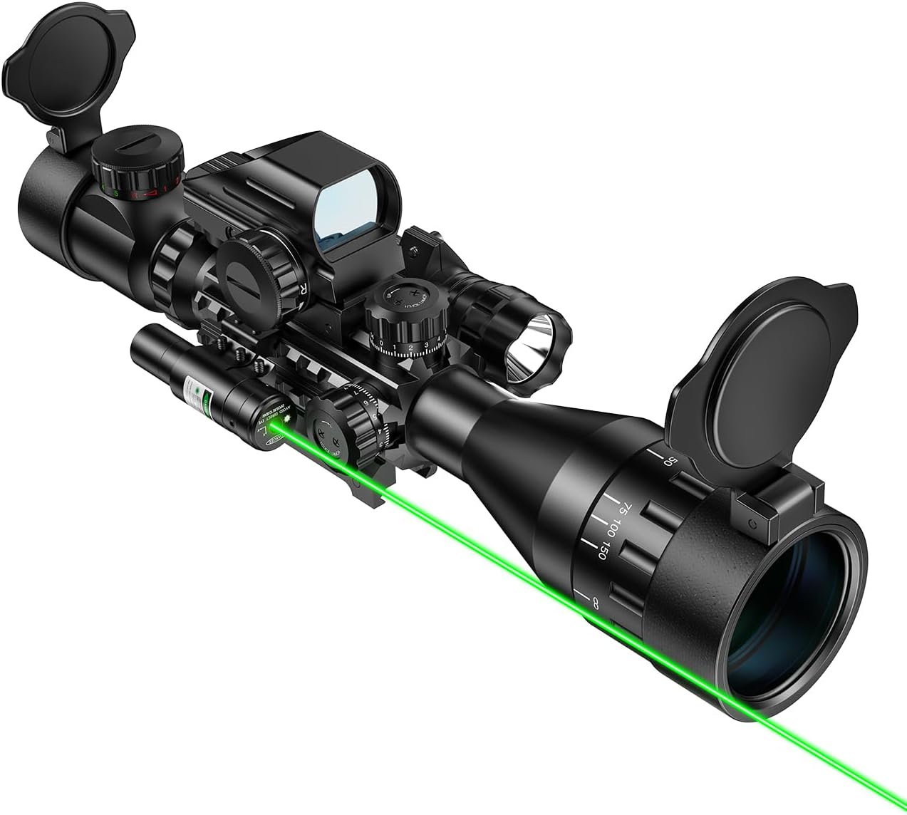MidTen 4-16×50 AO Hunting Rifle Scope Dual Illuminated Optics & Illuminated Sight 4 Holographic Reticle Red/Green Dot Sight & Laser Sight & Flashlight