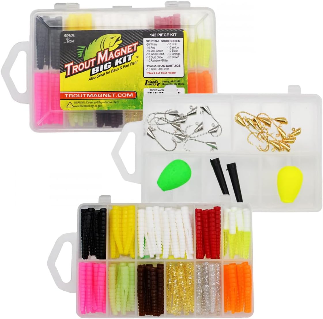 Trout Magnet Original 142-Piece Trout Fishing Gear Kit – 120pc Grub Lures with Neon Bait, 20 Hooks, 2 Floats – High Grade Trout Magnet Kit for Freshwater and Saltwater Fishing