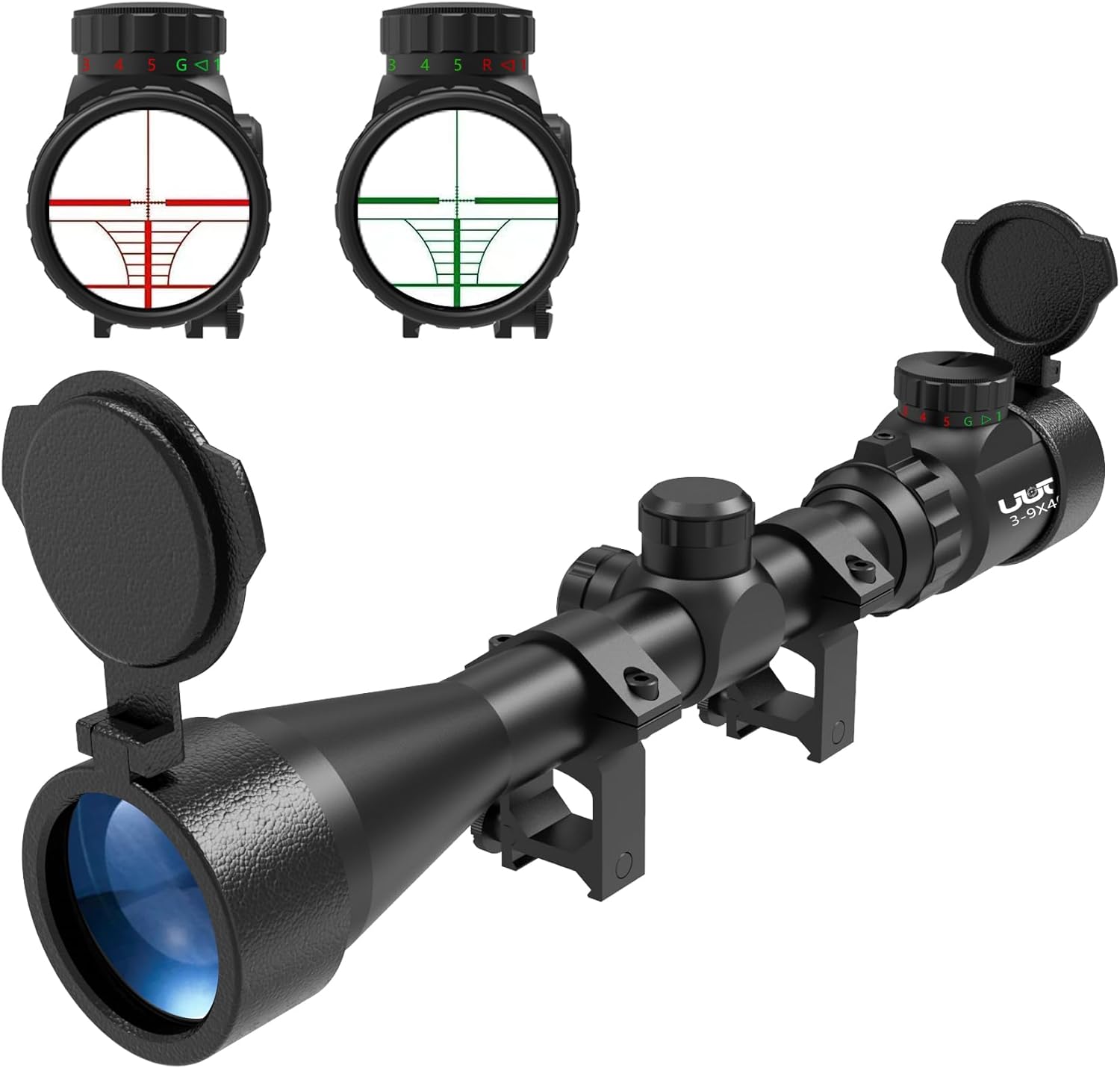 UUQ 3-9×40 Rifle Scope with Red/Green Illuminated Rangefinder Reticle, 20mm Picatinny/Weaver Rings Included, 1/4 MOA Adjustment, Fast Focus Eyepiece, Waterproof Fogproof