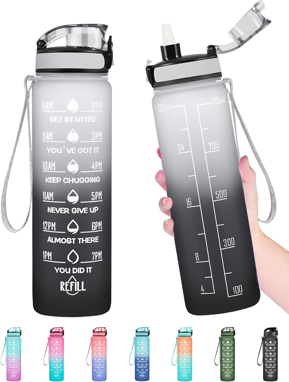 Enerbone Water Bottle, Leakproof BPA & Toxic Free, Motivational Water Bottle with Times to Drink and Straw, Fitness Sports Water Bottle with Strap for Office, Gym, Outdoor Sports