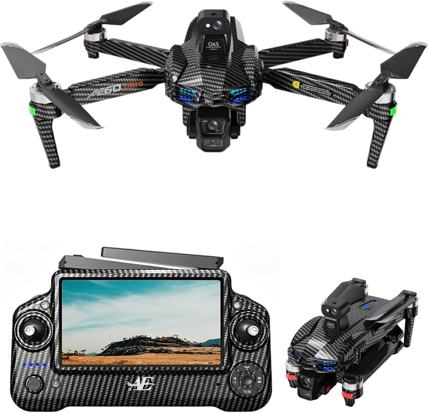 AE60 Ultra Drones with Camera for adults 4K Video Recording and 8K Photo Resolution, 3-Axis Gimbal,7.5 Miles Long Range, 7.2″ Touch Screen Remote, 360 Laser Obstacle Avoidance, GPS Return Home, Airdrop Function Professional Quadcopter (Carbon Fiber, 3 Batteries + 64GB TF Card + Pad)