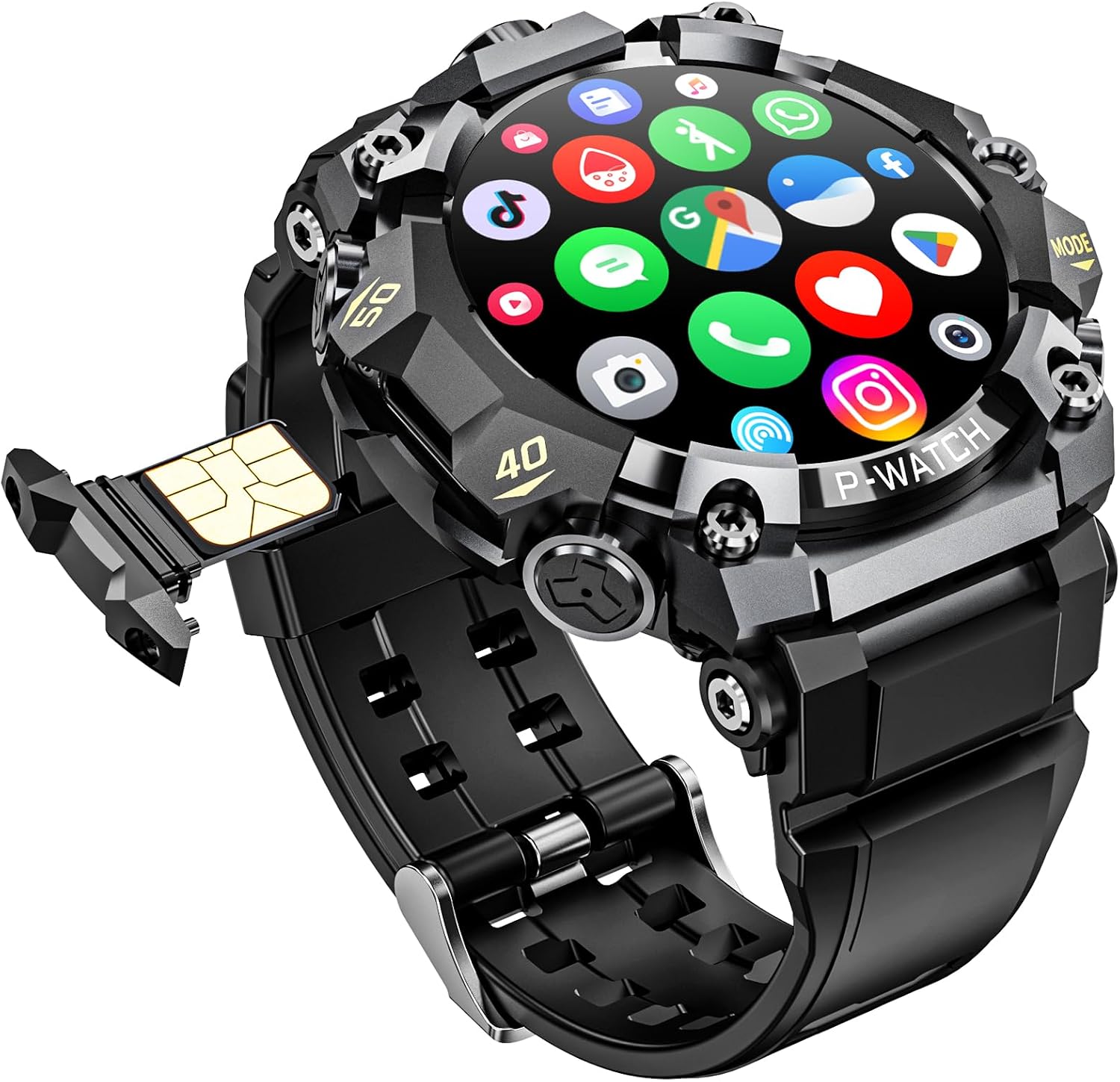 4G SIM Card Android IP68 Smartwatch with GPS & WiFi, Dual-Lens HD Cameras, 1150mAh Military Watch for Men, App Downloadable, 1.5″ AMOLED Large Screen for Video Chat, Health Activity Tracker (Black)