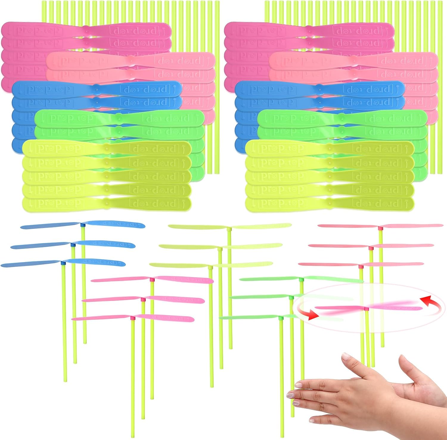 100 PCS Hand Helicopter Set, 50 Propeller + 50 Rod, Flying Helicopter Toy, Bamboo Dragonfly Hand Rub Plastic Propeller for Gifts, Outdoor Activity, Birthday, Party Supplies (Solid Color)