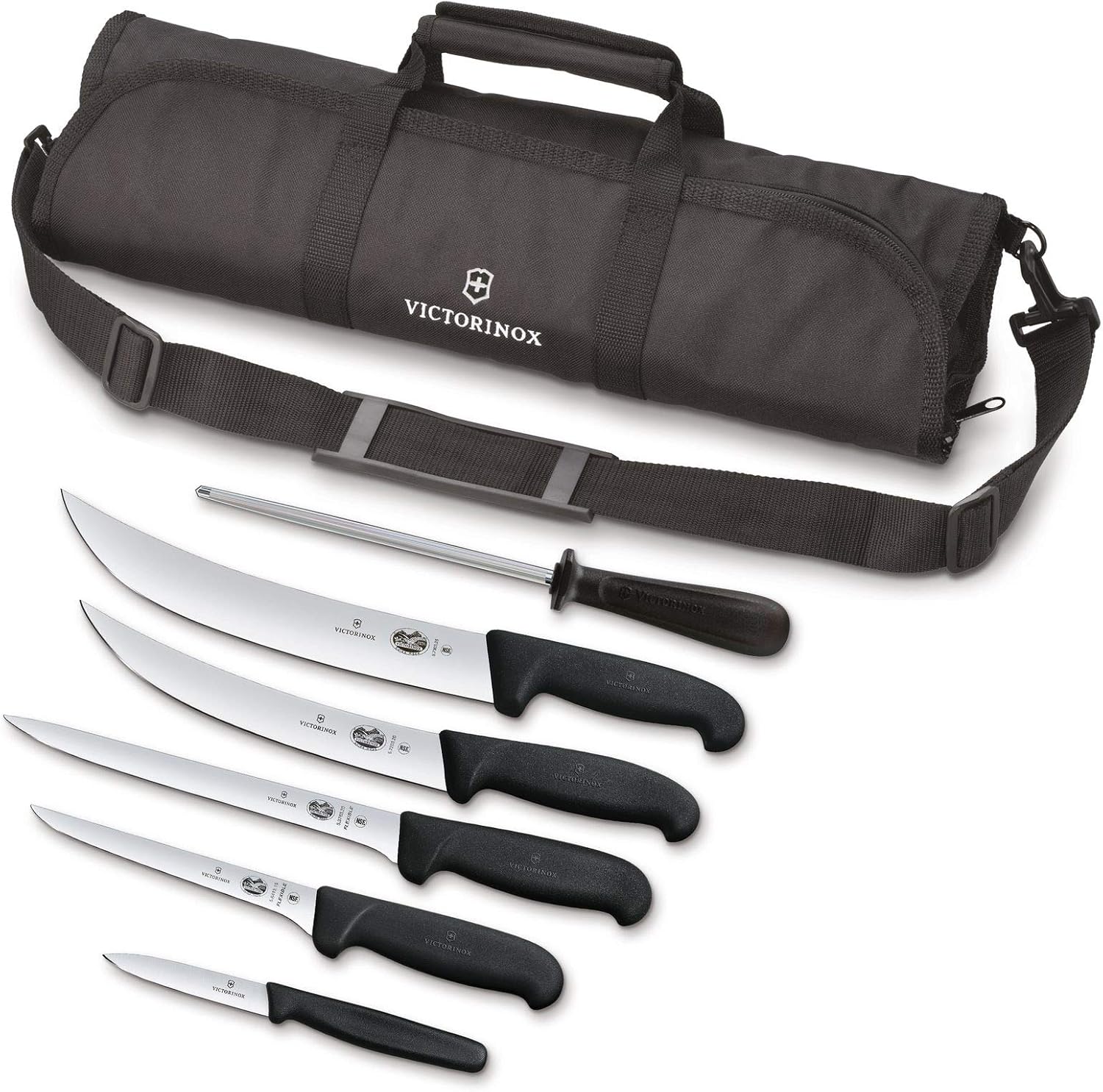 Victorinox Knife Set – Swiss Army Field Dressing Kit, 7-Piece Kitchen Knife Set, Kitchen Knives for Butcher/BBQ with Fibrox Handles, 10″ Honing Steel and Case – Black