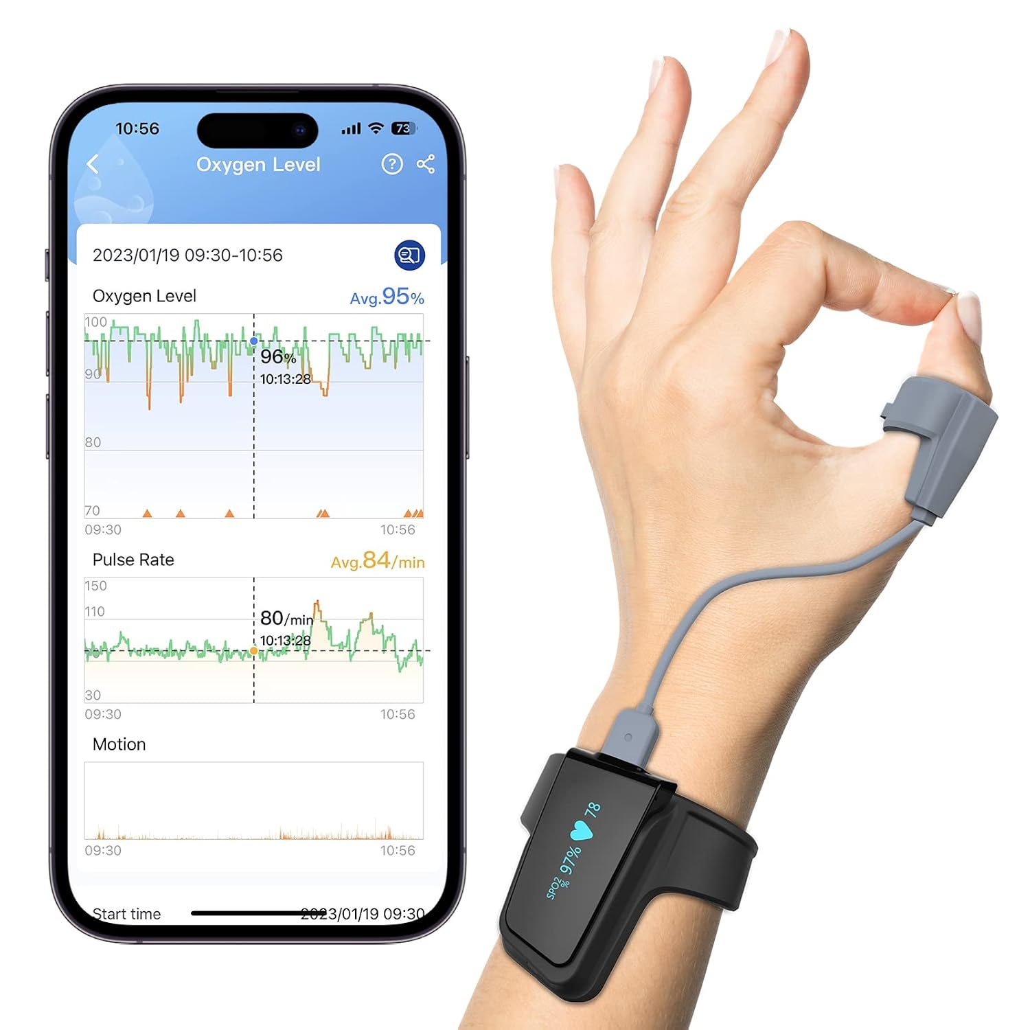 Wellue O2 Pulse Oximeter with Smart Reminder | Blood Oxygen Saturation Monitor for SpO2 and Heart Rate Tracking Continuously, Bluetooth Finger Ring with Free APP &PC Report, Style 1