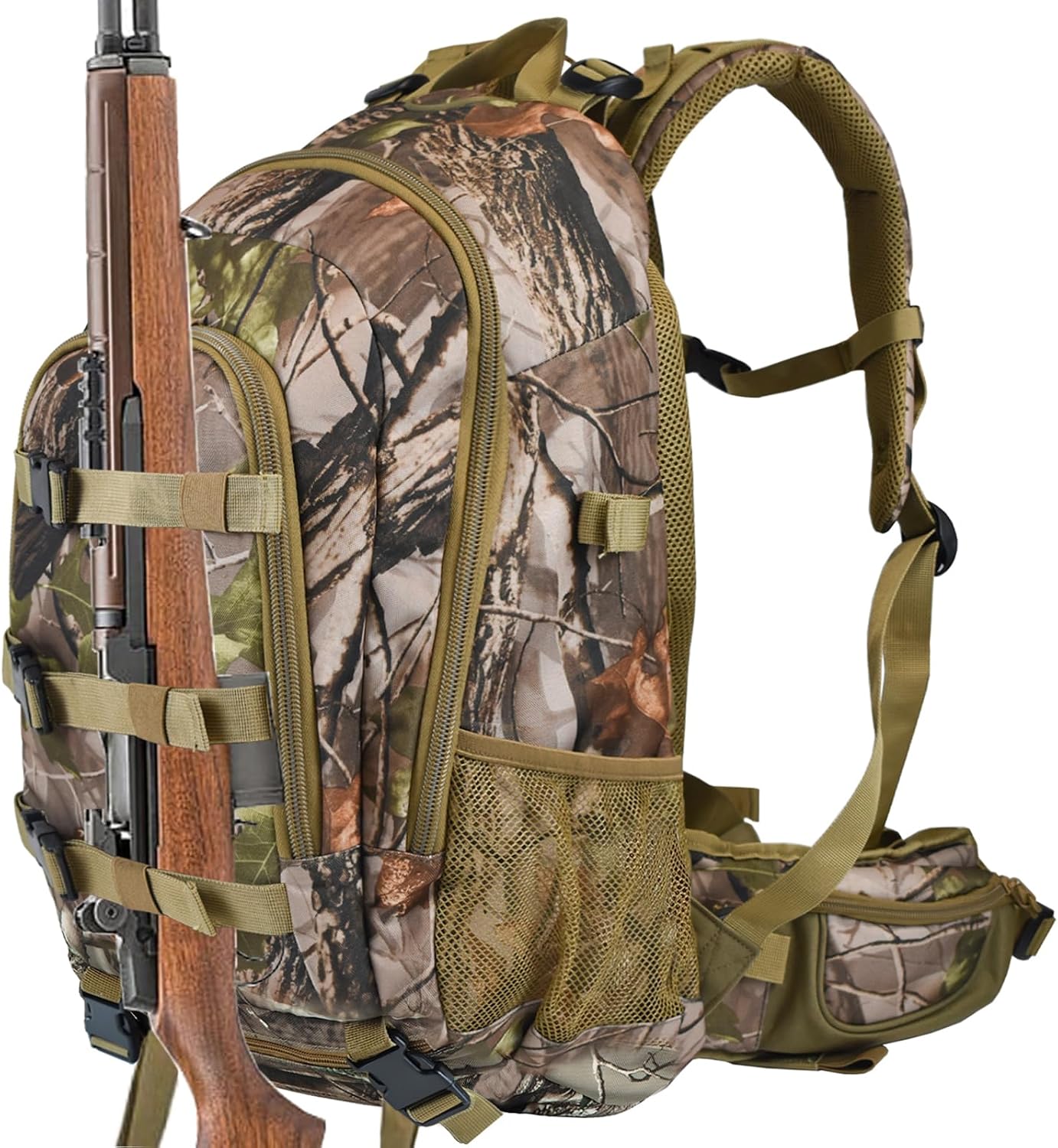 AUMTISC 40L Hunting Bag Backpack with Rifle Holder for Men, Camo Hunting Day Back Pack with Rain Cover for Gun Bow