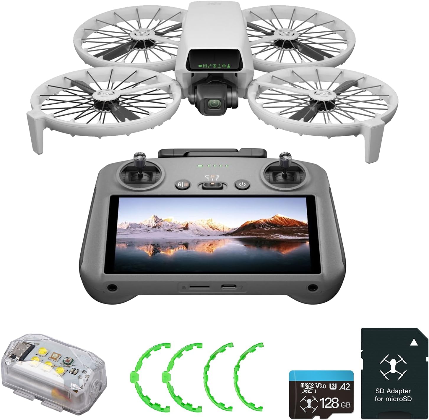 DJI Flip Drone (RC2) with 128GB MicroSD Card, Propeller Guard, Strobe Light