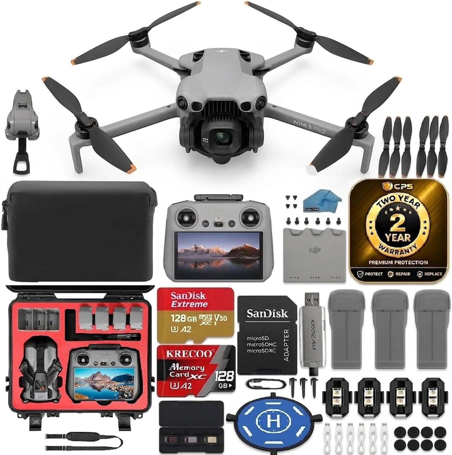 DJI Mini 5 Pro Fly More Combo PLUS with DJI RC 2 Controller (with screen), Folding Drone with Camera, 1-Inch CMOS, 4K Drone for Beginners with Omnidirectional Obstacle Sensing, 2 x 128gb Micro Sd Cards, WaterProof HardCase, 3 Batteries Bundle with 2 Year Extended Warranty