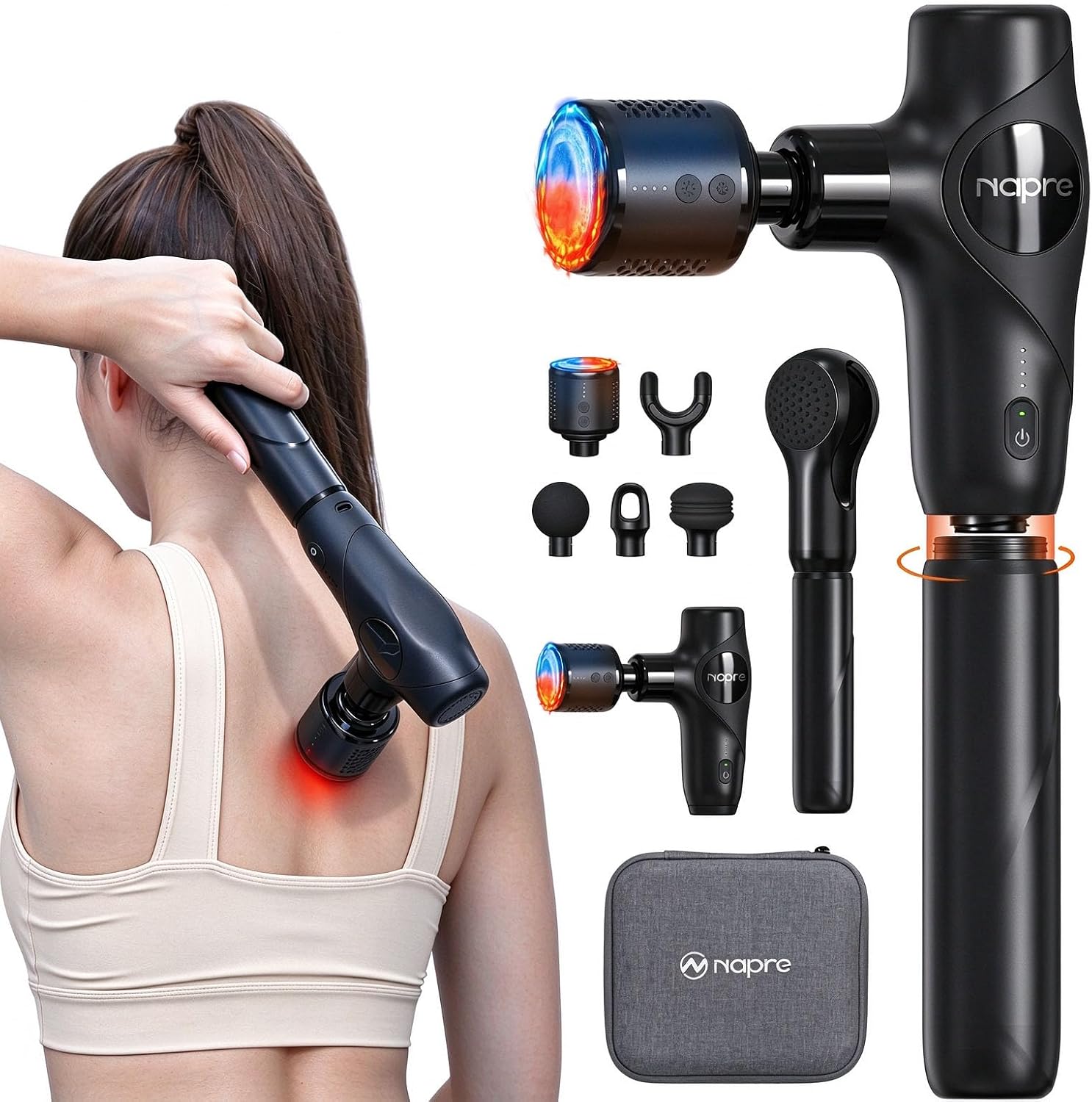 NAPRE 3-in-1 Mini Massage Gun with Heat and Cold,Deep Tissue Back Massage with Detachable Handle for Neck/Body Pain Relief,Portable Handheld Percussion Muscle Massager,Small & Quiet,5 Heads,with Case