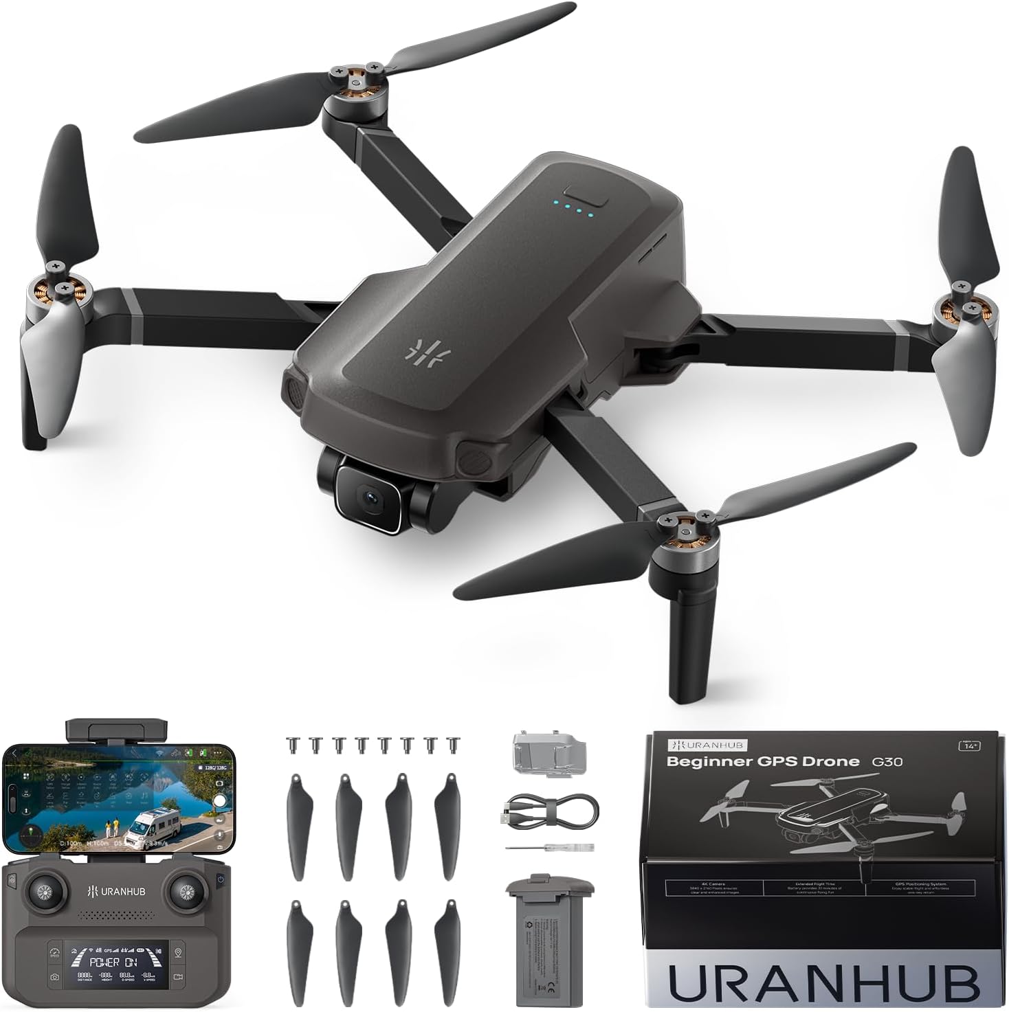 UranHub G30 Drone with 4K UHD Camera for Adults, GPS Drones for Kids/Beginner, Auto Return/Beginner Mode/Brushless Motor/Intelligent Flight, Cool Toys for Men Boys(Under 249 g)