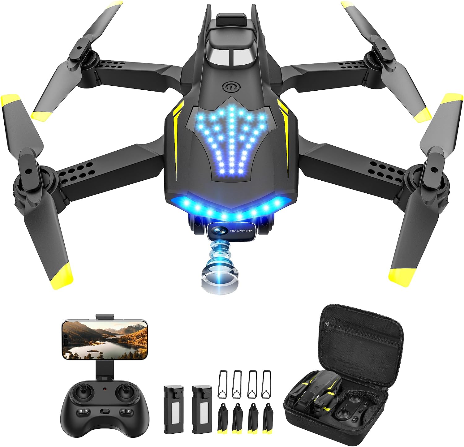Drone with Camera, Dual 720HD, Drone for Kids with Cool Lights, Gestures Control, Vertical Shooting, Waypoint Flight, Gravity Control, 3D Flip, 3-Speeds, Drones for Adults, Beginners, Kids