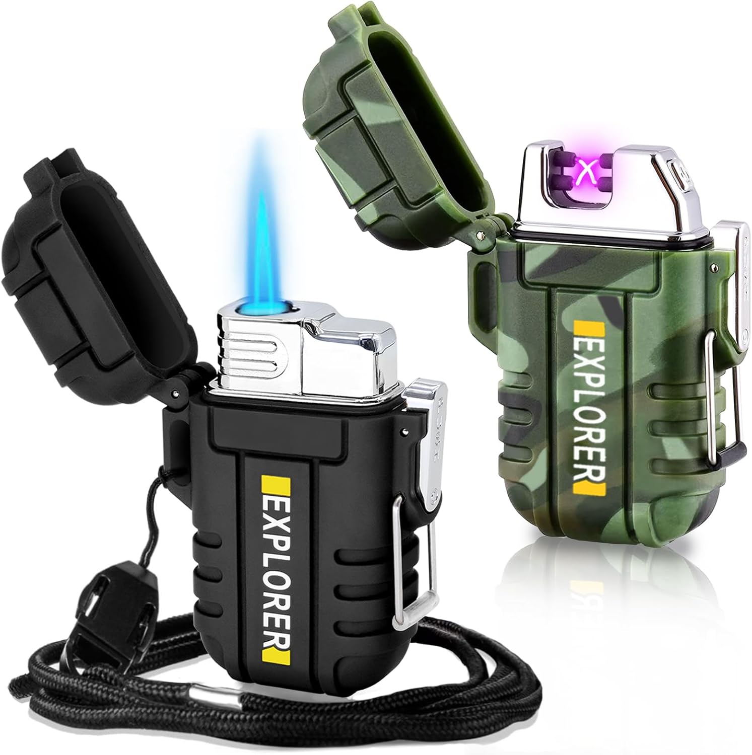 2 Pack Waterproof Lighter Outdoor Windproof Torch Lighters Dual Arc Butane Electric Lighters USB Rechargeable Lighters Flameless Plasma Lighter Camping Hiking Adventure Survival Tactical Gear