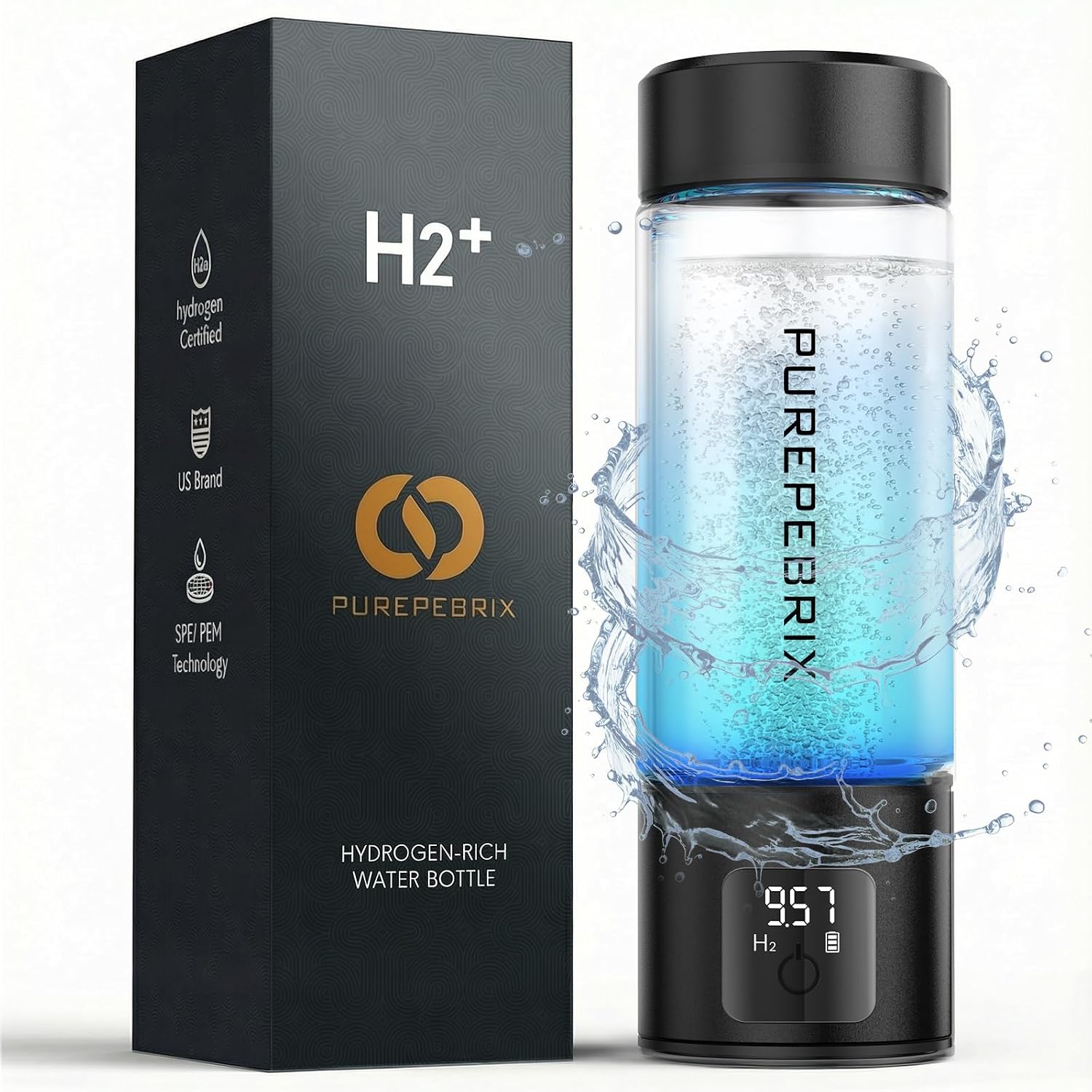 PUREPEBRIX Glass Hydrogen Water Bottle 14oz, Portable Hydrogen Water Bottle