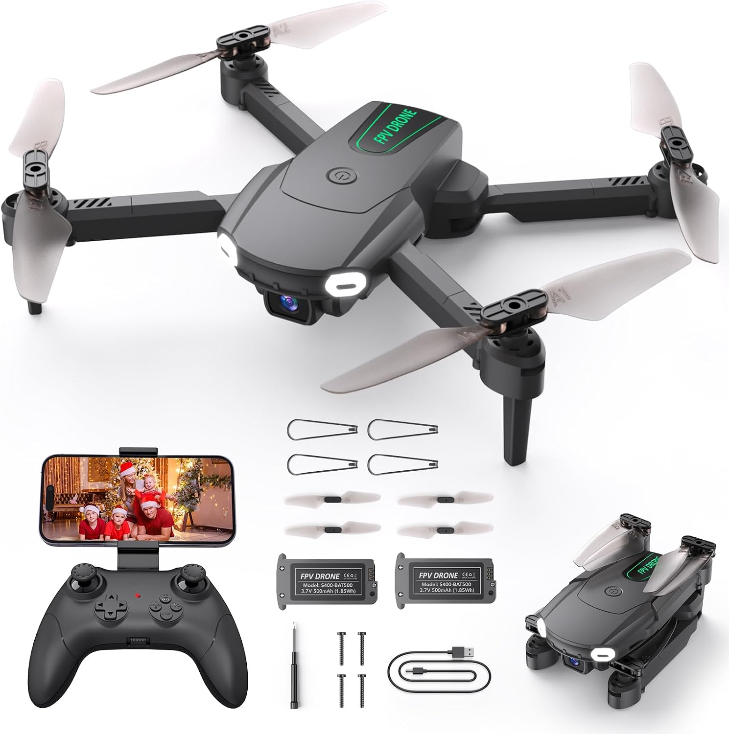Foldable Drone with Camera for Kids Beginners – Remote Control Helicopter Toys Gifts for Boys Girls, 1080P HD FPV RC Drones with 2 Batteries, One Key Start/Land, Altitude Hold, Gesture Selfie, Black