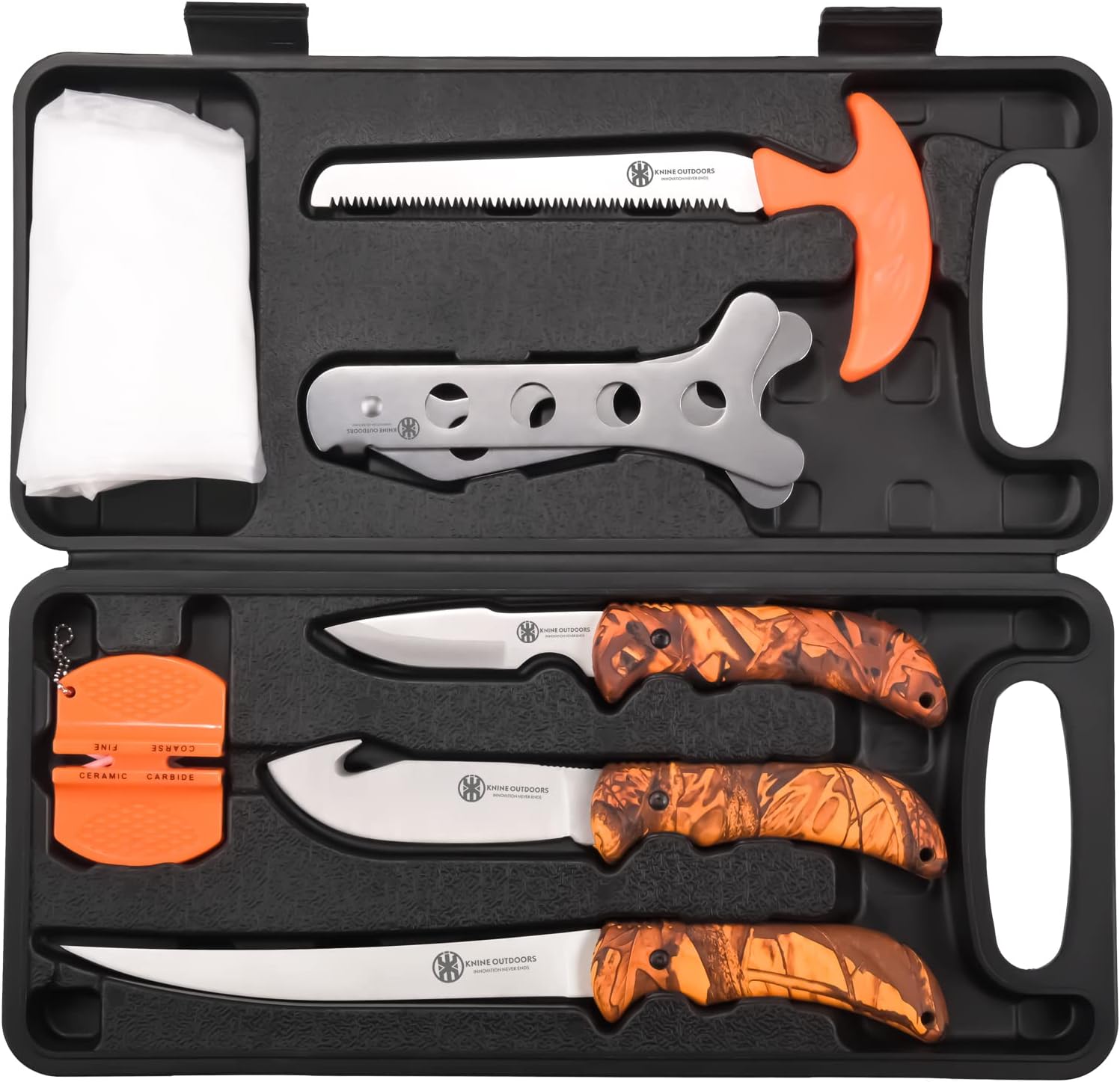 KNINE OUTDOORS Hunting Deer Knife Set Field Dressing Kit Portable Game Processor Set Red Maple Camo Handle, 8 Pieces