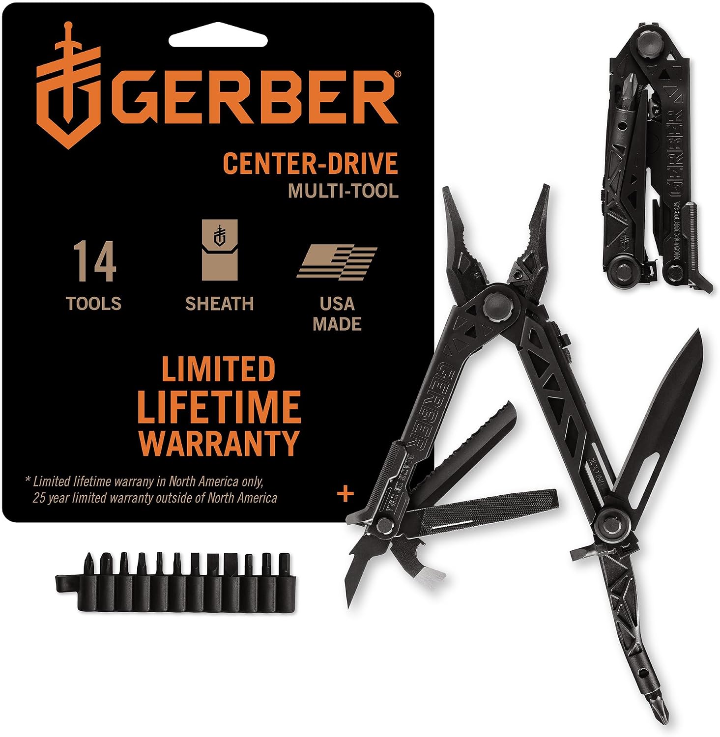 Gerber Gear Center-Drive Multitool – With Needle-Nose Pliers, 3.25″ Blade & Center-Axis Bit Driver – Includes Magnetic Flathead & Phillips Bits – Comes with Coyote Brown Sheath – Made in USA – Black