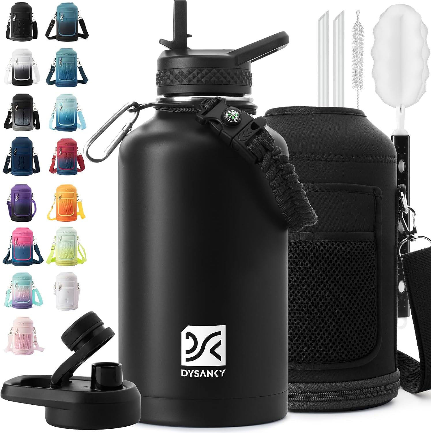 DYSANKY Insulated Water Bottle with Straw Lid & Portable Carrier Bag, 64oz
