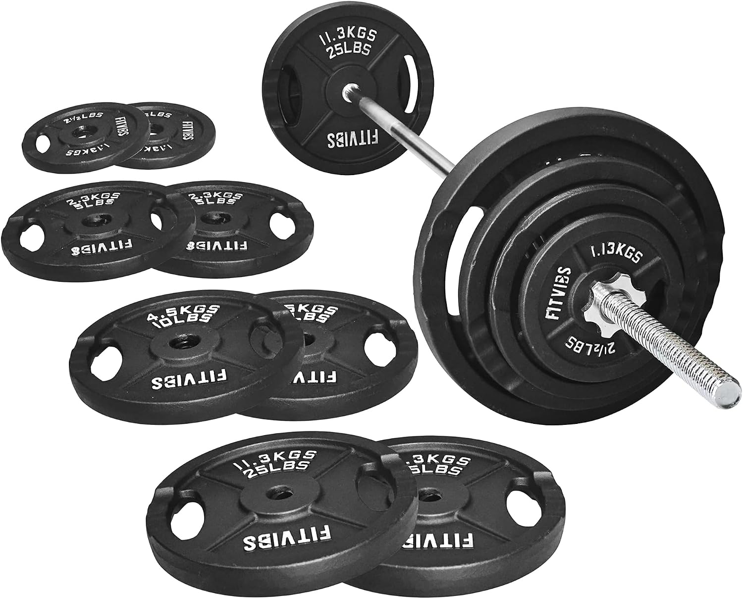 Fitvids Cast Iron 1″ Standard Weight Plates Including 5FT Standard Barbell Bar & Star Locks, 95 Pounds Set (85 Lbs Plates + 10 Lbs Barbell Bar), Multiple Packages