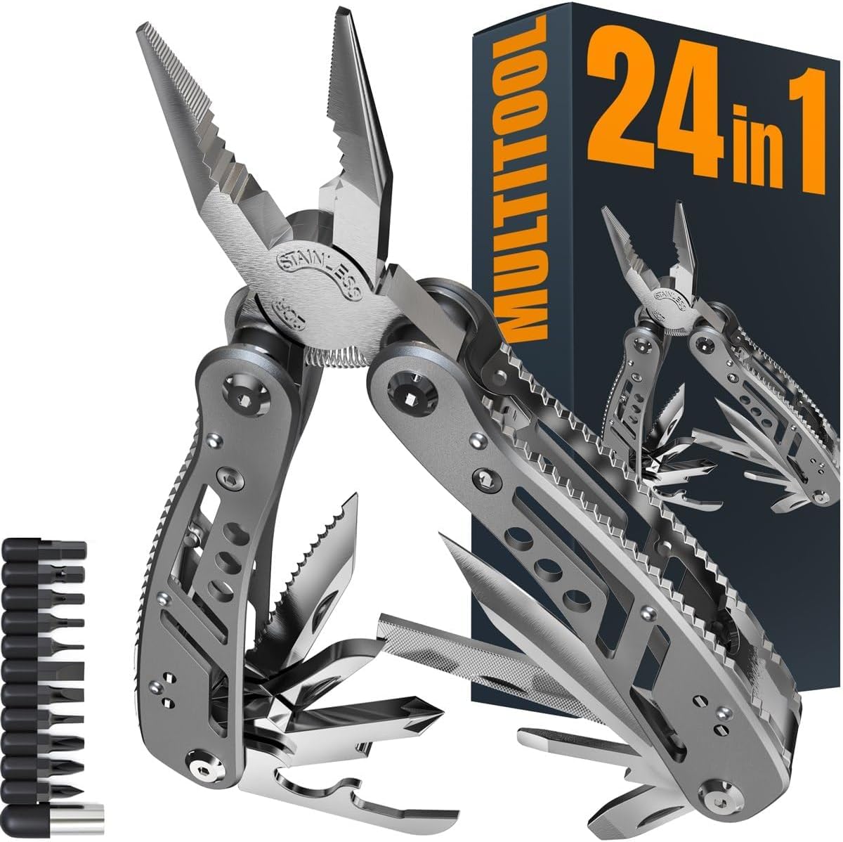 24-in-1 Multitool with Knife, Pliers, 11 Bits Sharp Stainless Steel & File – Multi Tool for Men – Ideal Gear with Tools for Camping Hiking, Survival, EDC – Best Gifts for Husband Boyfriend 2238