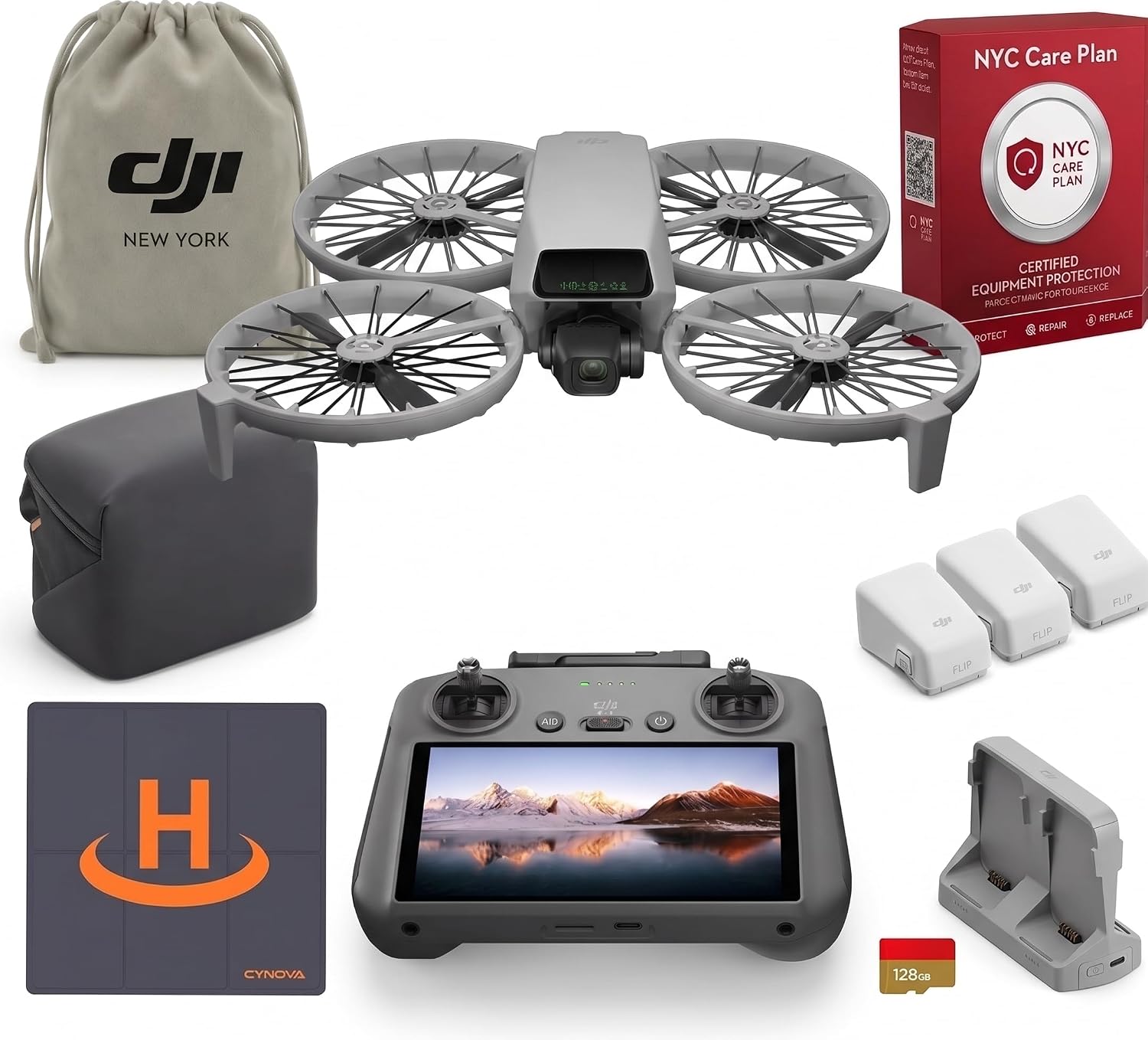 DJI Flip Fly More Combo With RC 2 Screen Remote Controller, (Including 1-Year DJI NYC Care Plan) Drone With 4K UHD Camera for Adults, Palm Takeoff, Auto Return, Intelligent Flight, 3 Batteries for 93-Min Flight Time