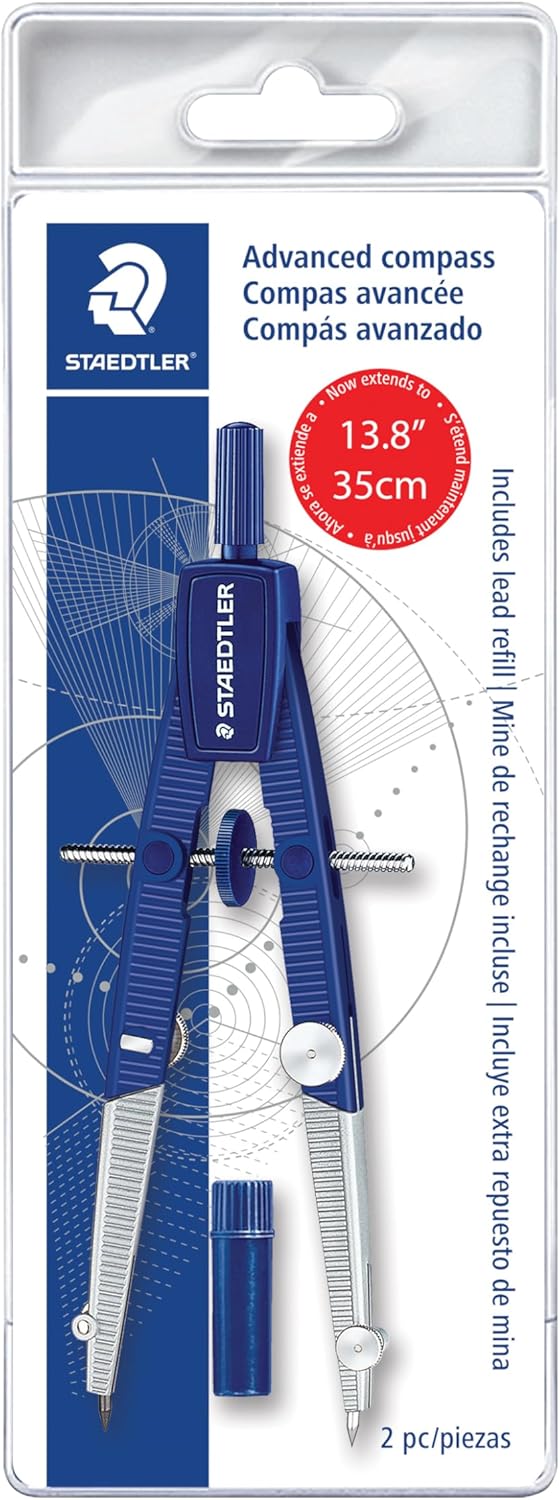 STAEDTLER Advanced Student Compass 2 Piece Set – Metal Compass with Quick-Set Center Wheel, Universal Adapter & Spare Lead, Draws Circles up to 10.25″