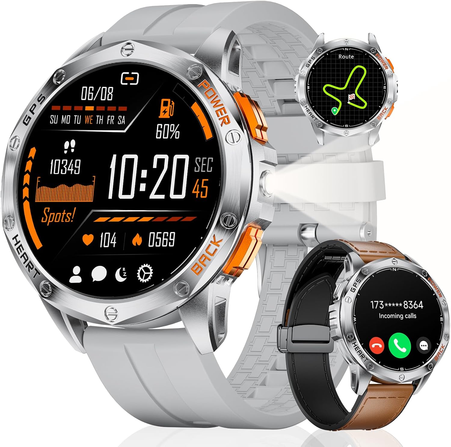 LIGE DM1 GPS Military Smart Watch for Men, 100+ Sports Modes Fitness Tracker, LED Flashlight/Compass/45 Days Battery/IP68 Waterproof 1.43” AMOLED Always on Display Smartwatch for Android iOS, Sliver