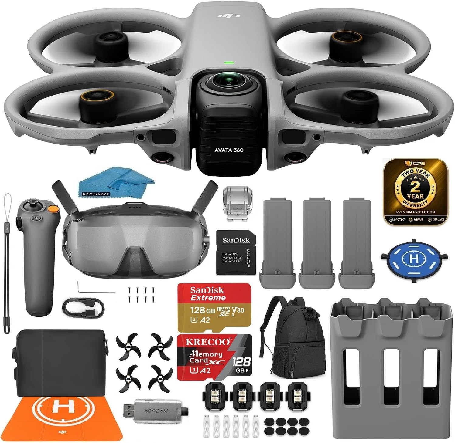 DJI Avata 360 FPV Drone Fly More Combo with Goggles N3 & RC Motion 3, Safety Strobes, 3x Batteries, 2x 128GB MicroSD Cards, Pilot Kit & 2-Year Warranty, Backpack