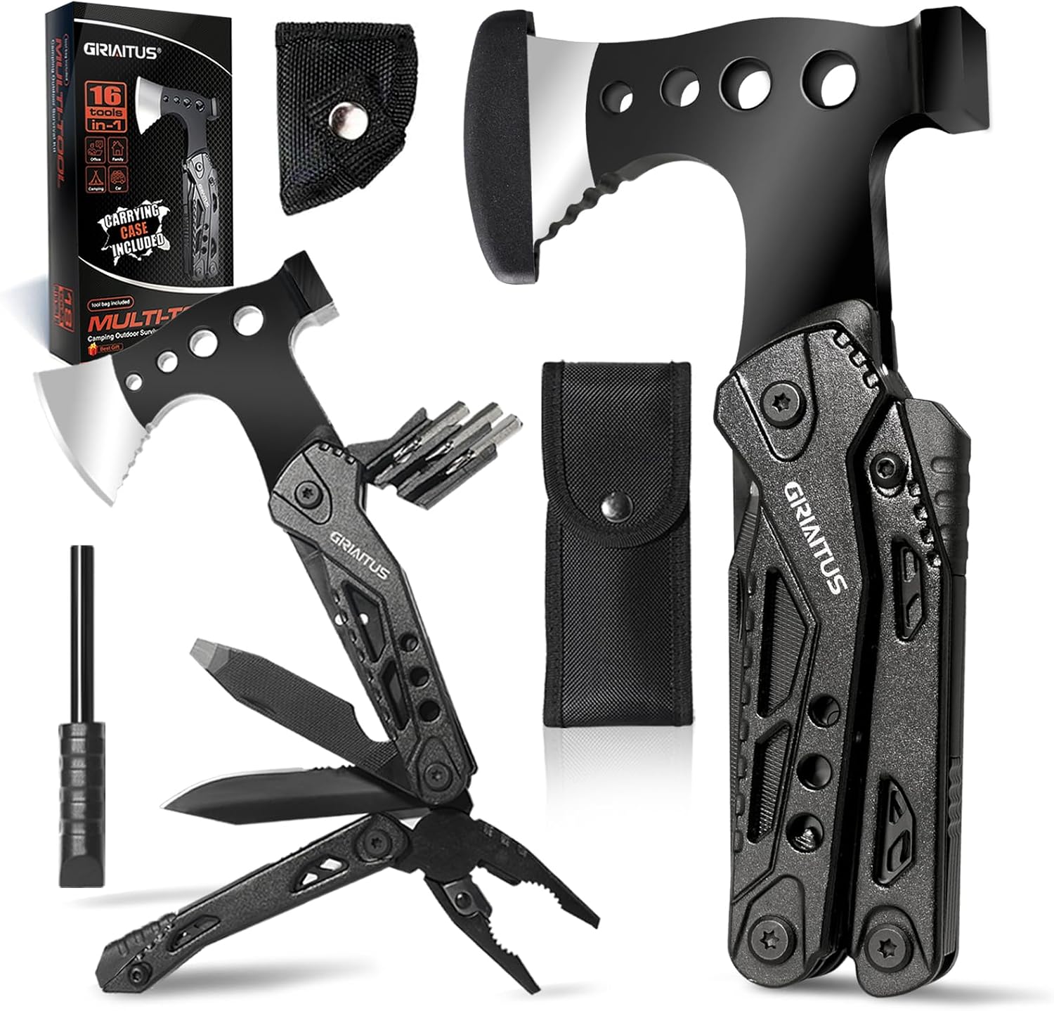 16 in 1 Multitool Camping Survival Gear with Axe Saw Pliers Whistle Hammer
