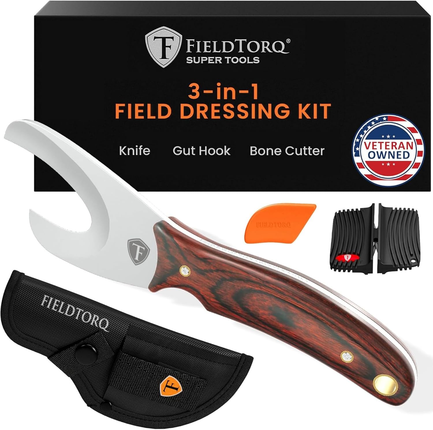 Field Dressing Kit | 3-in-1 Super Tool with Sheath & Sharpener | Gut Hook | Deer Hunting Knife Set | Pakkawood | Men’s Hunting Gift Accessory
