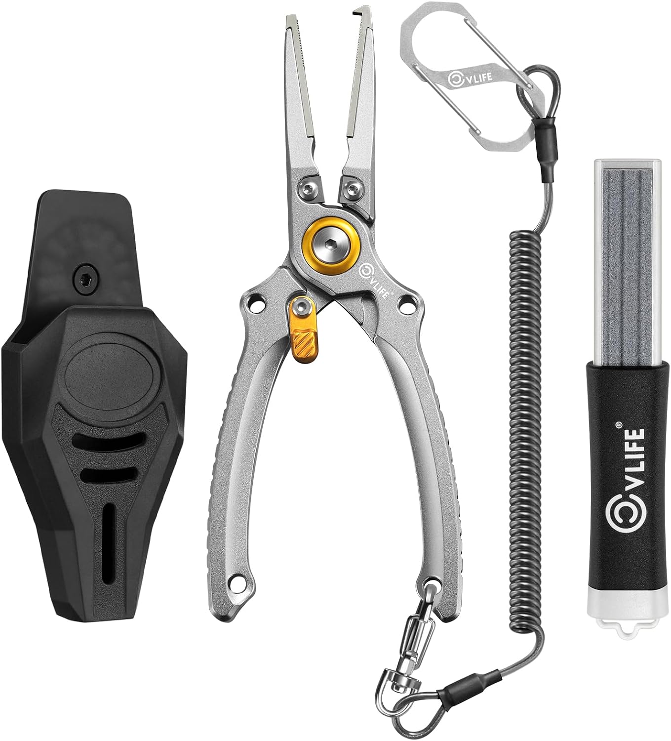 CVLIFE Fishing Pliers, Saltwater Hook Remover Kit, 7.5 Inch Aluminum Split Ring Pliers for Fishing with 17-4 PH Stainless Steel Jaws, Sheath, Tungsten Cutters Hook Sharpener & S-Carabiner