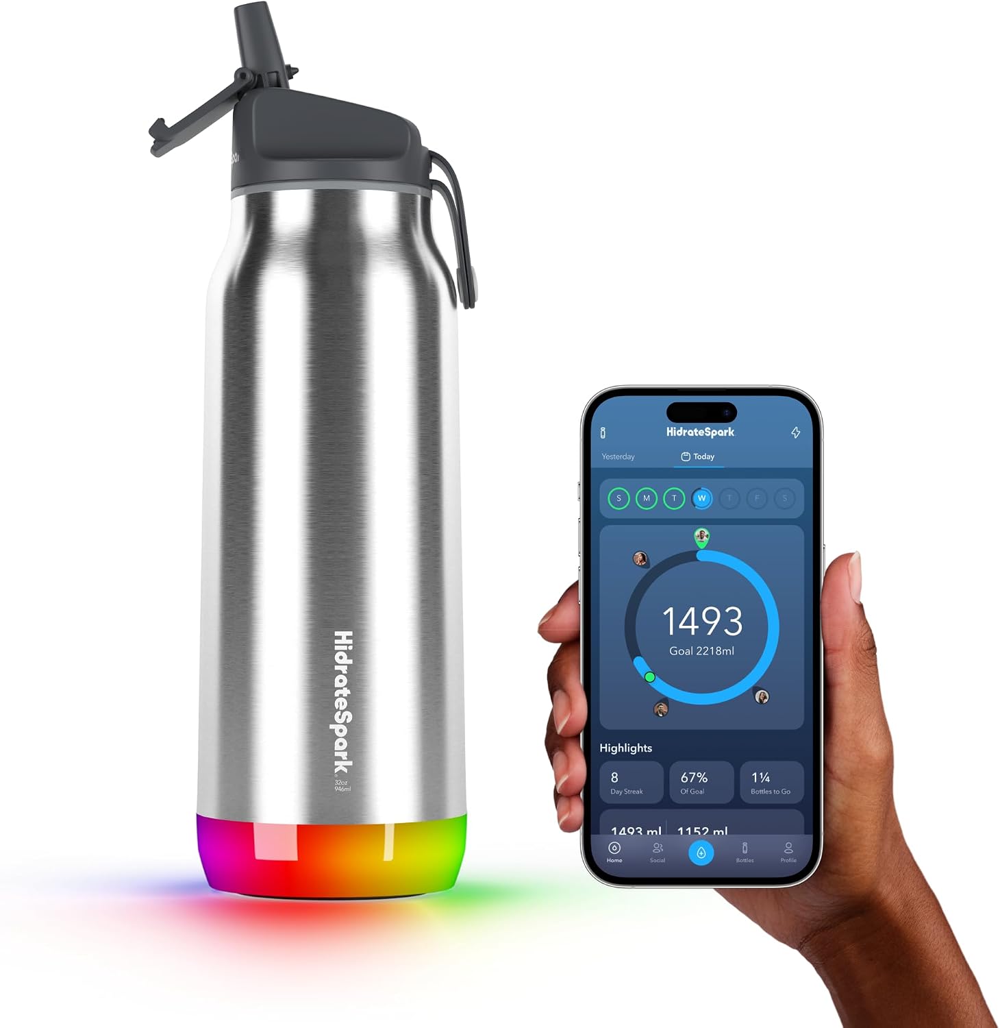 Hidrate Spark PRO Smart Water Bottle – Insulated Stainless Steel – Tracks Water Intake with Bluetooth, LED Glow Reminder When You Need to Drink – Straw Lid, 32oz, Brushed Steel