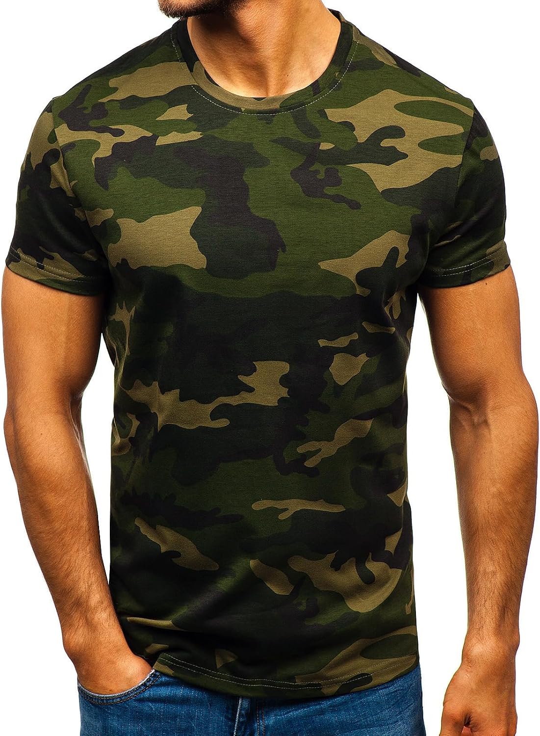 Men’s Camouflage T-Shirt Sports Fitness Short Sleeve Military Camo Crewneck Vintage Shirt