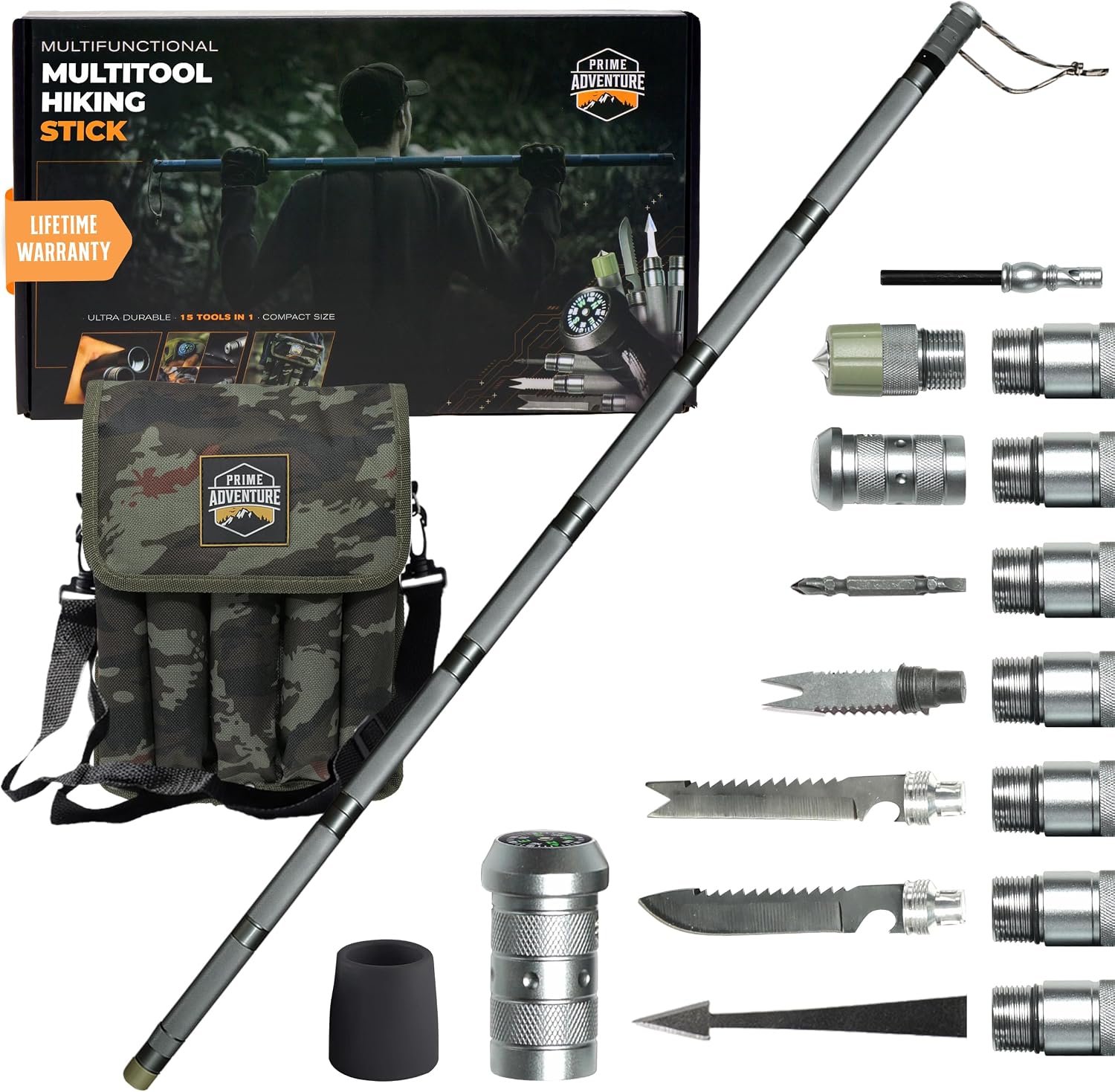 Prime Adventure 15-in-1 Tactical Survival Walking Stick & Hiking Staff – Heavy-Duty Collapsible Multitool for Camping, Hiking & Outdoor Survival Gear (8 Tubes, Premium Build)