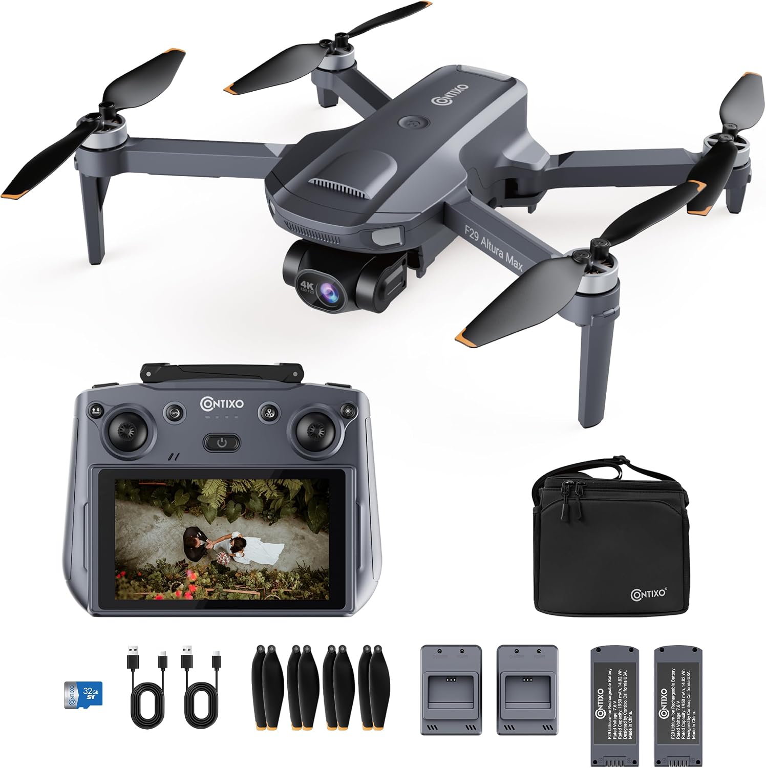 Contixo Foldable 4K Cinematic F29 Drone for Adults & Hobbyists, 3-Axis Gimbal, 5″ Touchscreen Remote, GPS Return Home, Follow Me, Orbit Mode, Brushless Motor, 46 Min Flight Time (2 Batteries), 3KM Range