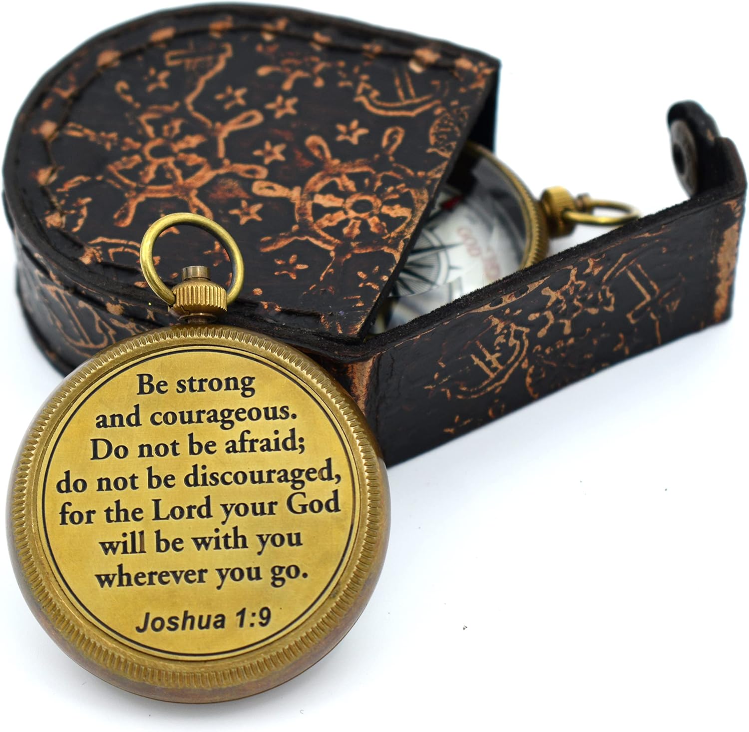 Be Strong and Courageous (Joshua 1:9) Brass Compass with wooden Box-Engraved Scripture Prayer Compass Religious Gift for Men & Women – Baptism, Confirmation, Communion Compass for Boys Graduation Gift