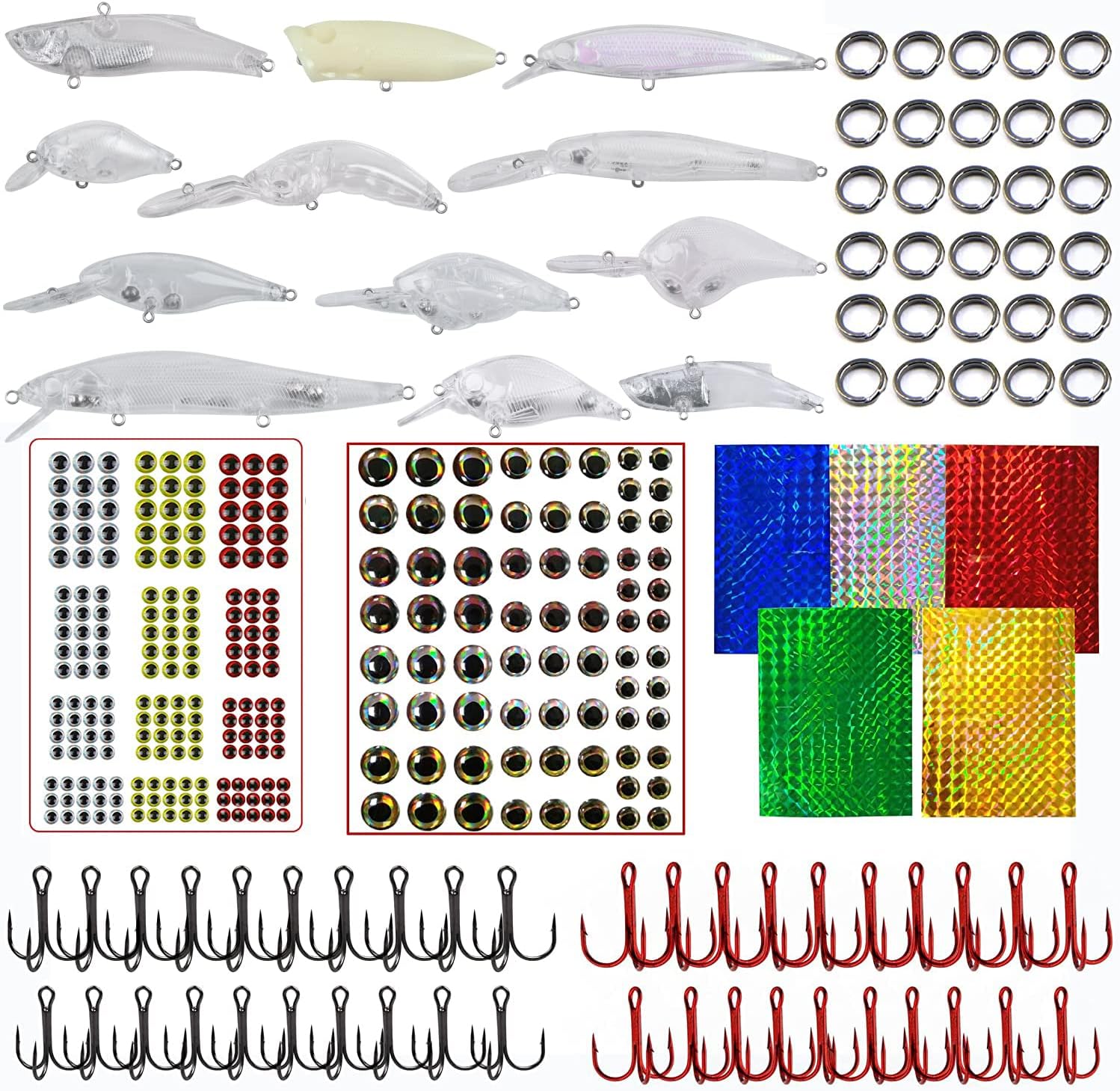 Unpainted Fishing Lures Making Kit DIY Blank Lures Crankbaits Minnow Jerkbait Hard Bait Set with Treble Hooks, Split Rings, Lure Eyes, Lure Stickers Lure Making Supplies Make Your Own Fishing Lures