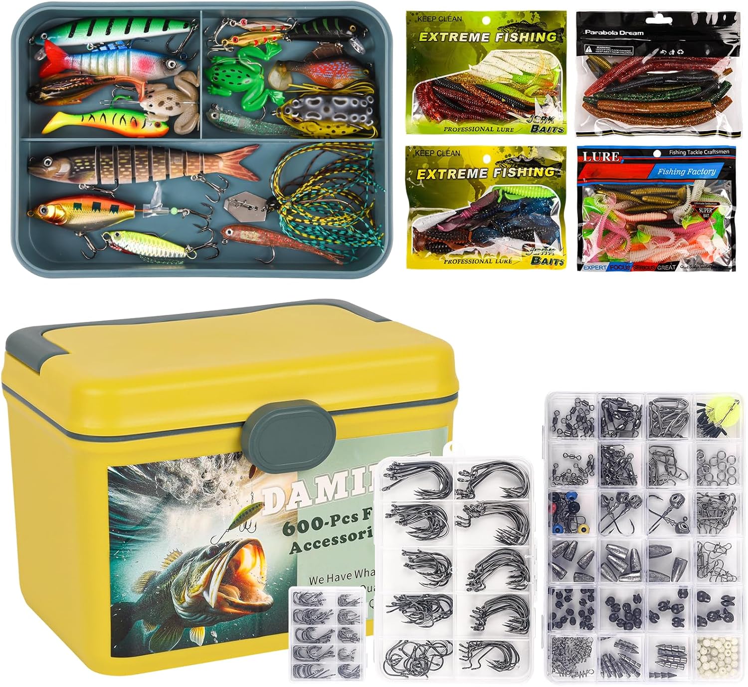 600 Pcs/Tackle Box Fishing Kit-Fishing Hooks,Sinkers, Swivels Snaps,Top Water Lure,Spoons,Soft Lures,Jig Heads, Frogs, Minnow, Accessories Equipment- Saltwater Freshwater Bass Bait Gear