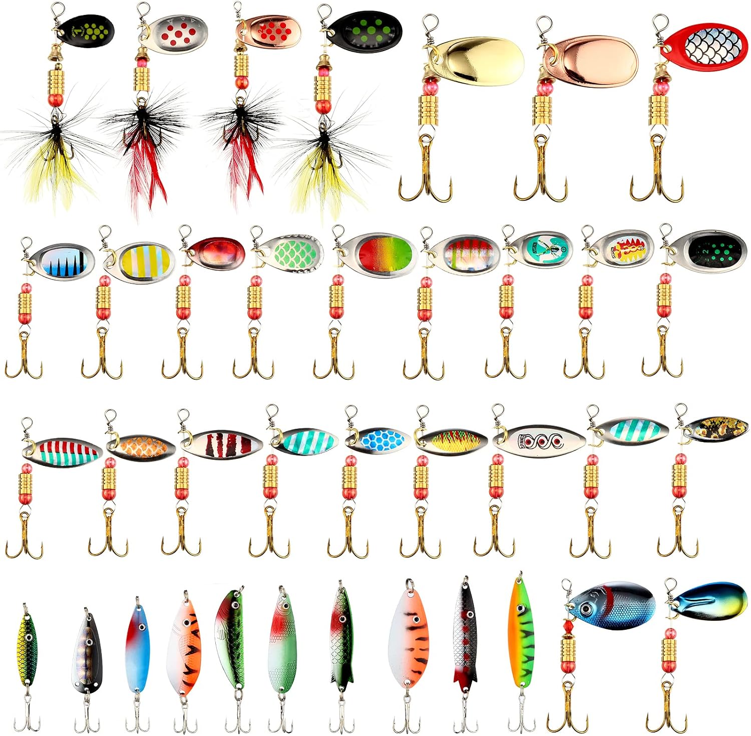 100 Pcs Fishing Lures Spinner Baits Metal Trout Lures Fishing Spinners and Spinnerbaits Metal Baits Kit with 4 Pcs Tackle Box for Salmon Bass Walleye Crappie