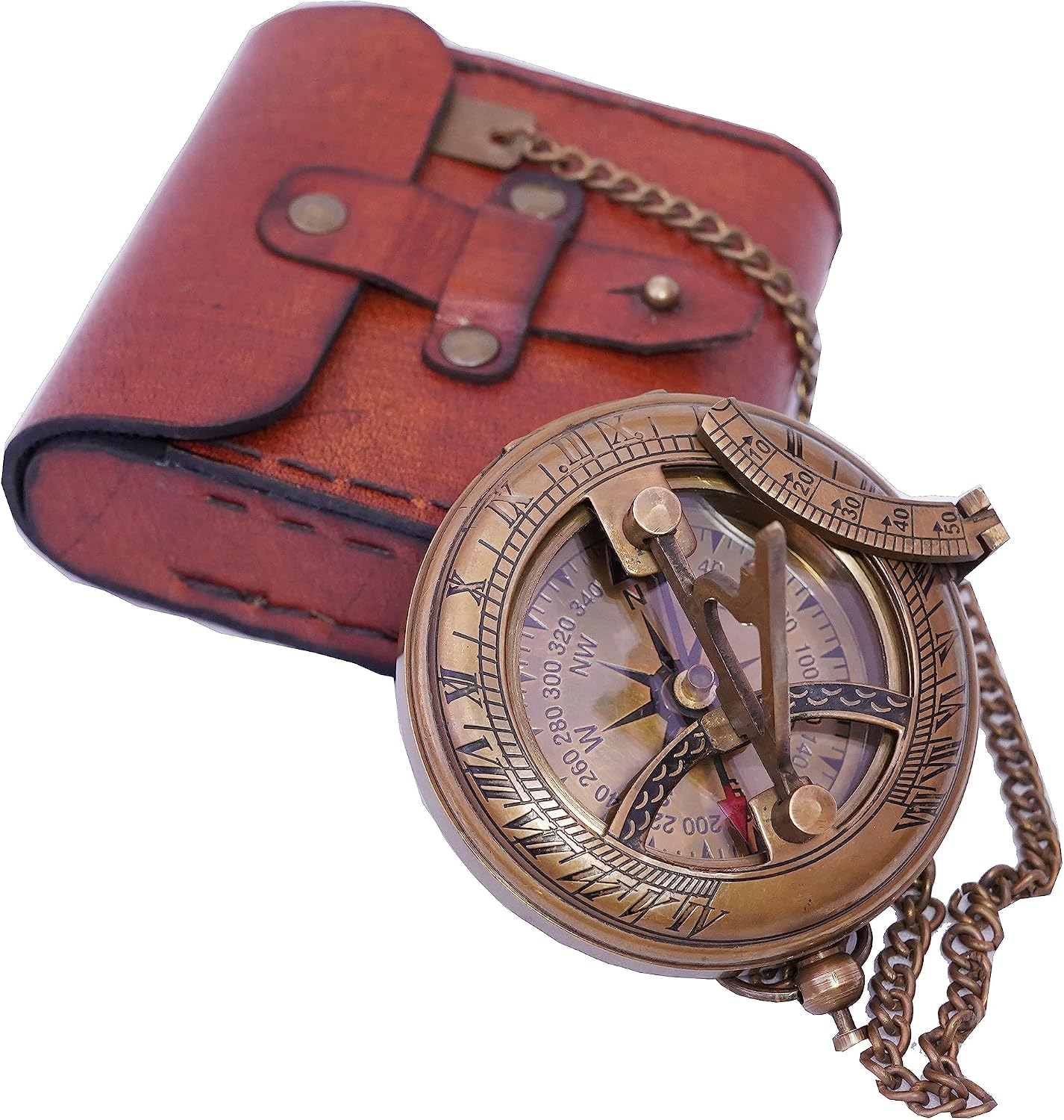 Handcrafted Antique Brass Sundial Compass with Leather Case Gift – Pocket Sun Clock, Vintage Antique Decor, Unique Anniversary & Birthday Gift for Men, Husband, Father