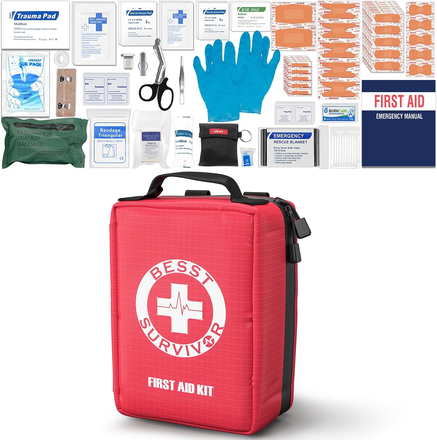 Besst Survivor Premium First Aid Kit – Waterproof Molle Medical Bag with Color-Coded Compartments, with Israeli Bandage, Rescue Blanket & CPR Mask for Home, Car, Hiking, Camping & Outdoor Emergencies