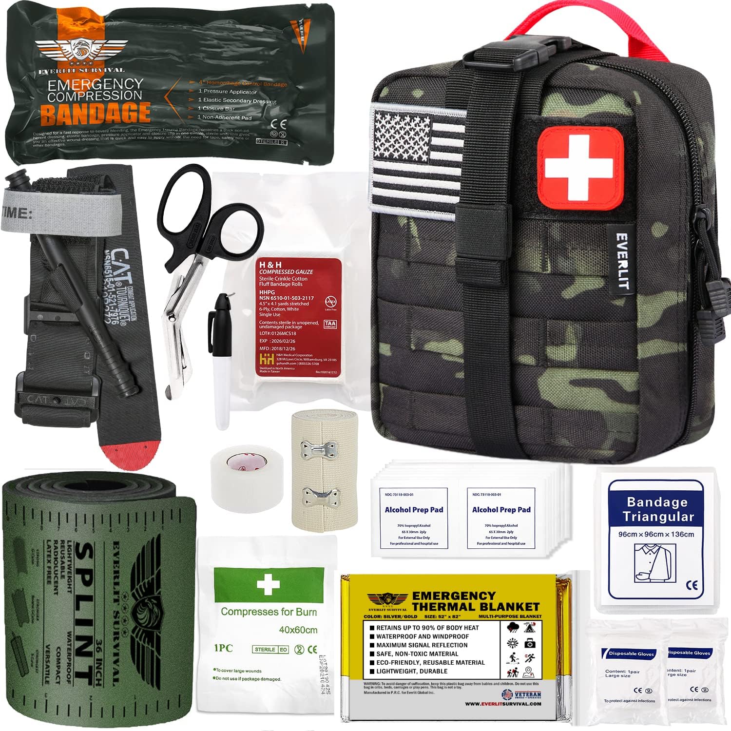 EVERLIT Emergency Trauma Kit, CAT GEN-7 Tourniquet 36″ Splint, Military Combat Tactical IFAK for First Aid Response, Critical Wounds, Severe Bleeding Control (Black Camo)