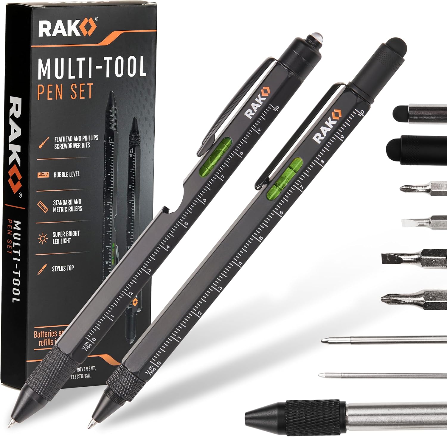 RAK Multitool Pen – Multi-Tool Pen Set 11 in 1, LED Light, Screwdrivers, Level, Ruler, Bottle Opener, and Stylus. Cool Gadgets Gifts for Men, Dad, EDC Tactical Pen Tool, Gift-Ready Box, Pack of 2