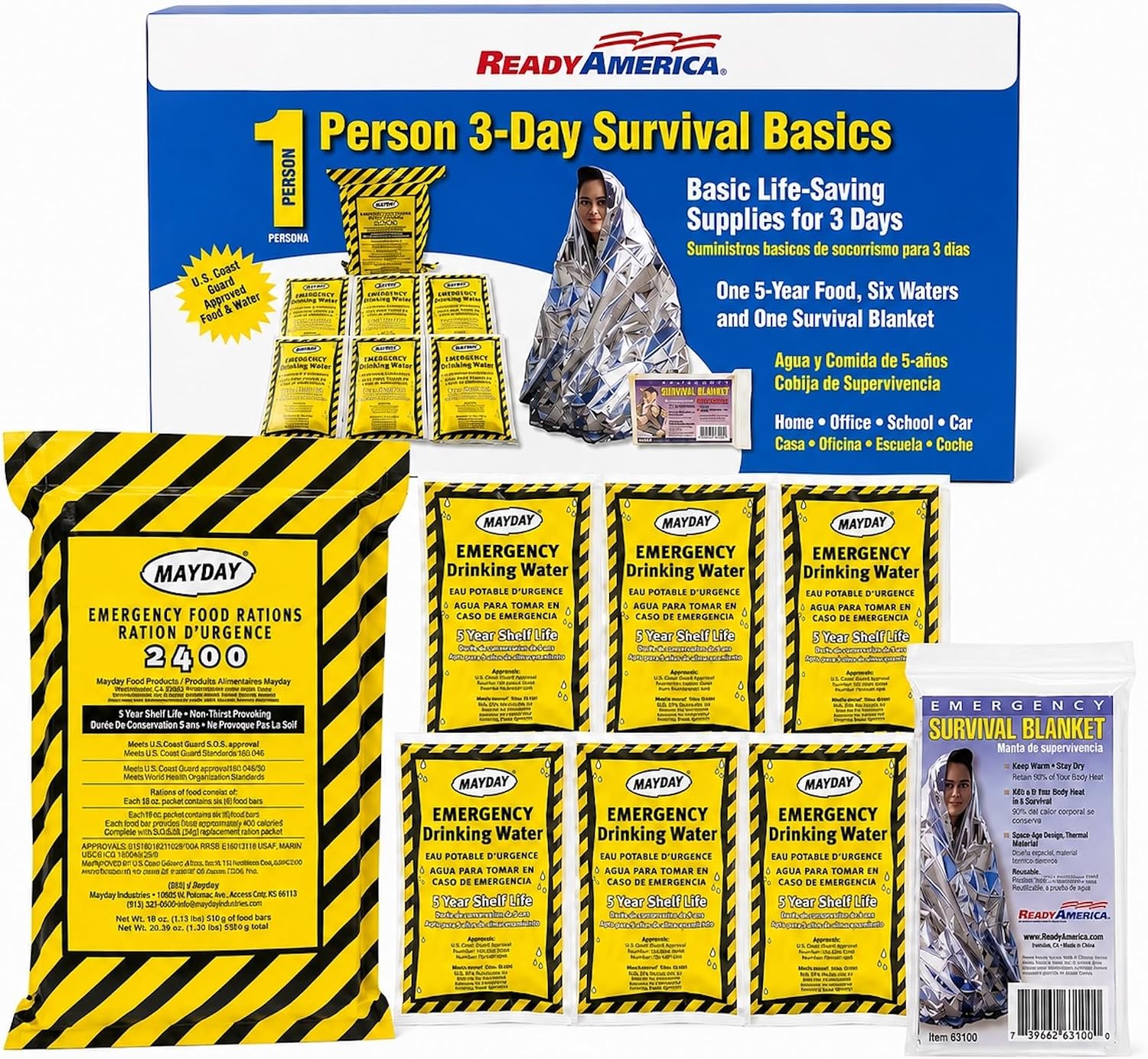 Ready America 3000 Survival Box 1-Person 3-Day, Food Water Blanket