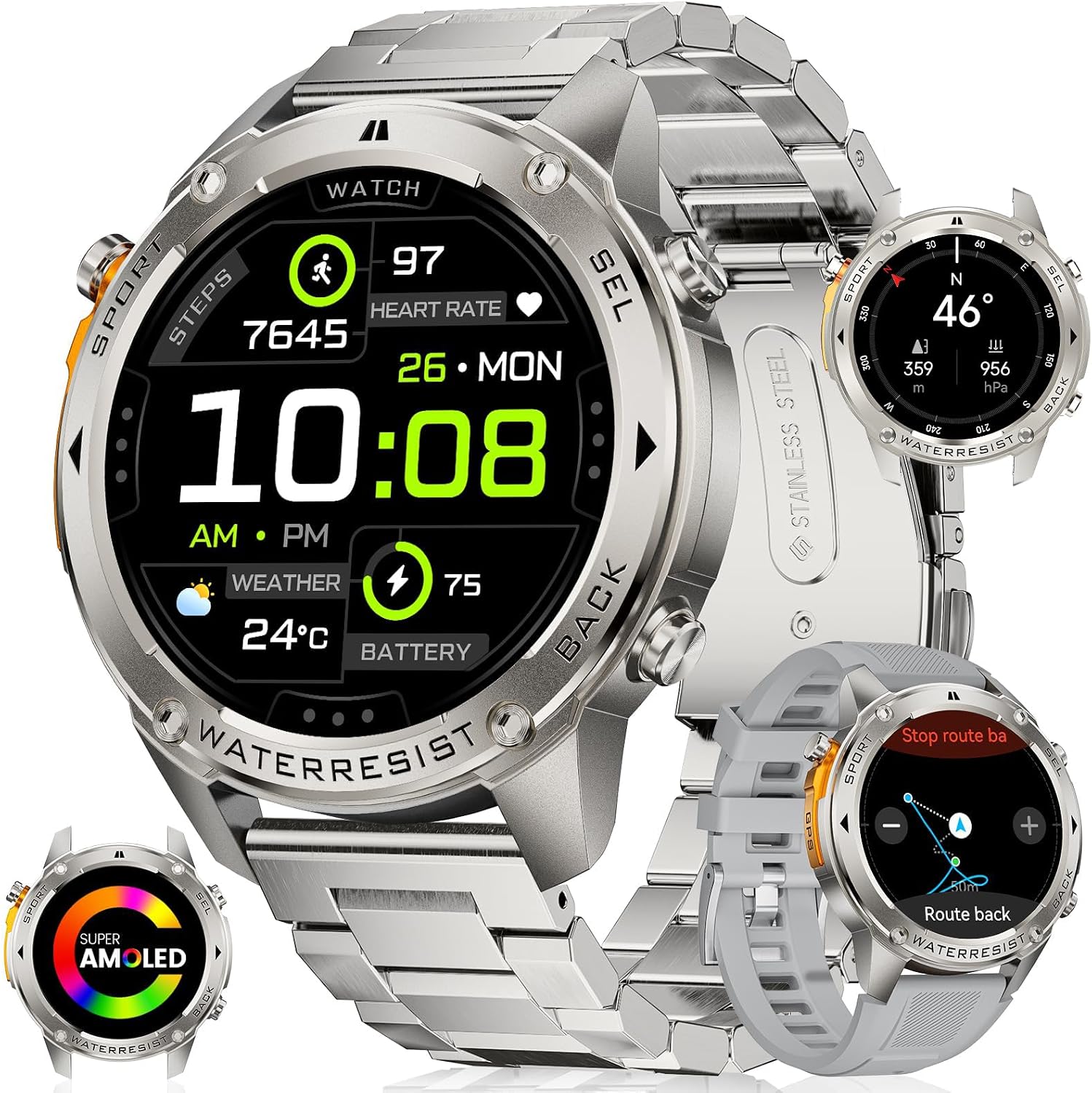 GPS Smart Watch for Men Military Rugged Smartwatches,Compass,50M Waterproof, 500mAh Large Battery,Answer/Make Call, 1.43″ AMOLED Screen, Compatible for Android iOS (2 Bands) Sliver