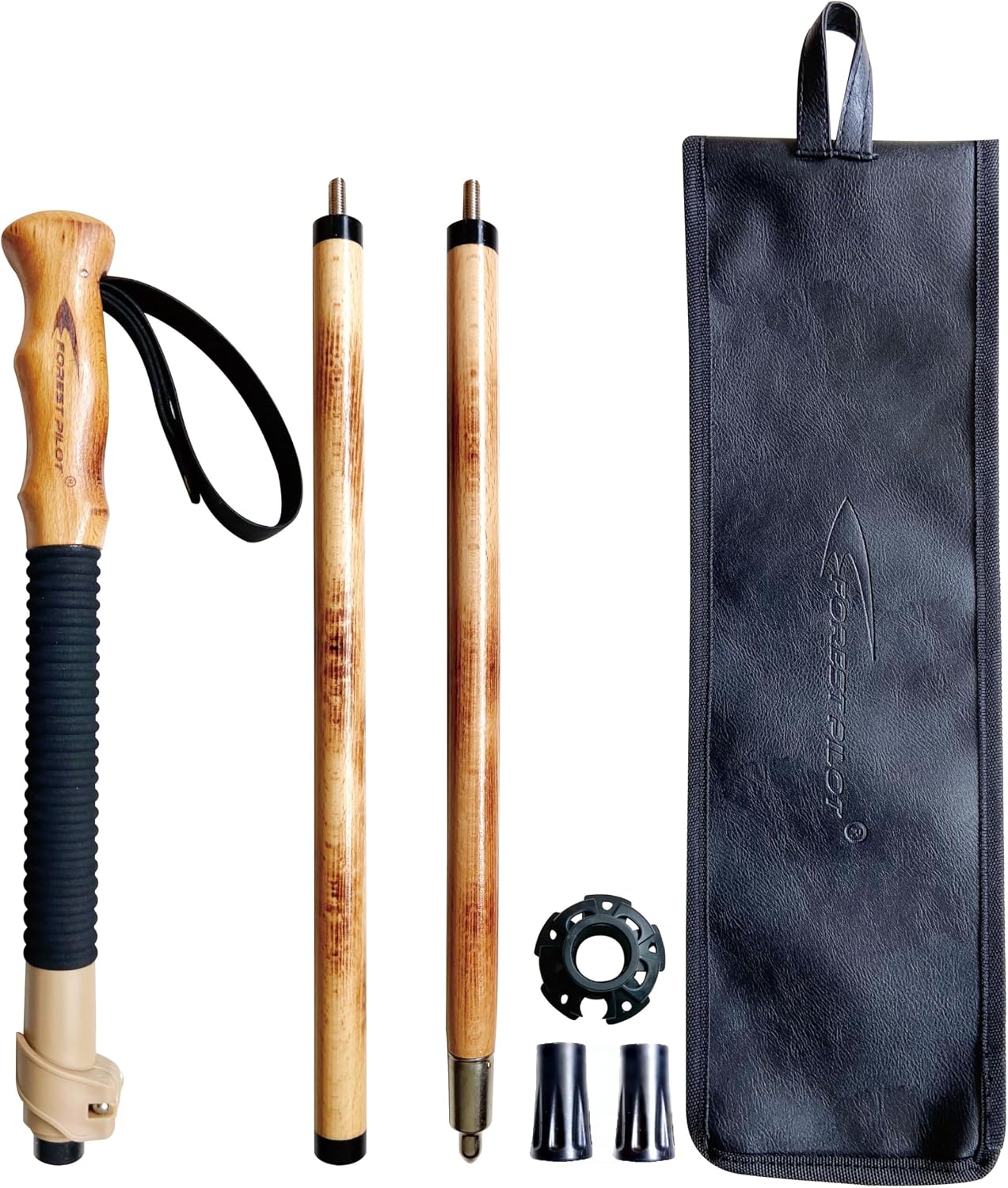 FOREST PILOT Trekking Poles- 1-pc Pack – Adjustable Hiking or Walking Stick –Strong, Natural Beech Wood – Quick Adjust Flip-Lock – Beech Wood Grip, Leather Strap