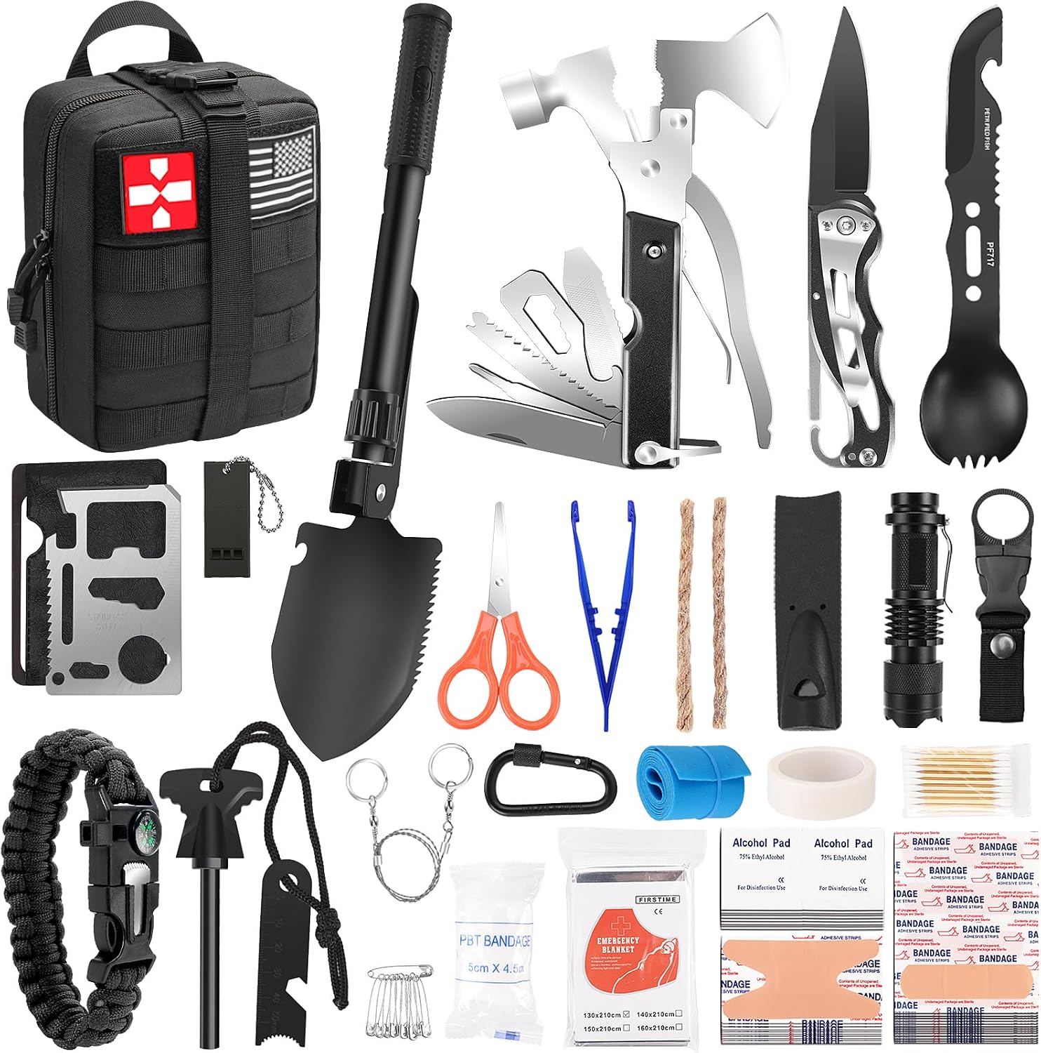 Gifts for Men Christmas, Survival Kit, 150 PCS Survival Gear and Supplies Equipment with Trauma Bag, Molle Pouch Emergency Kit for Outdoor Camping, Hunting, Car, Home, Earthquake, Adventures