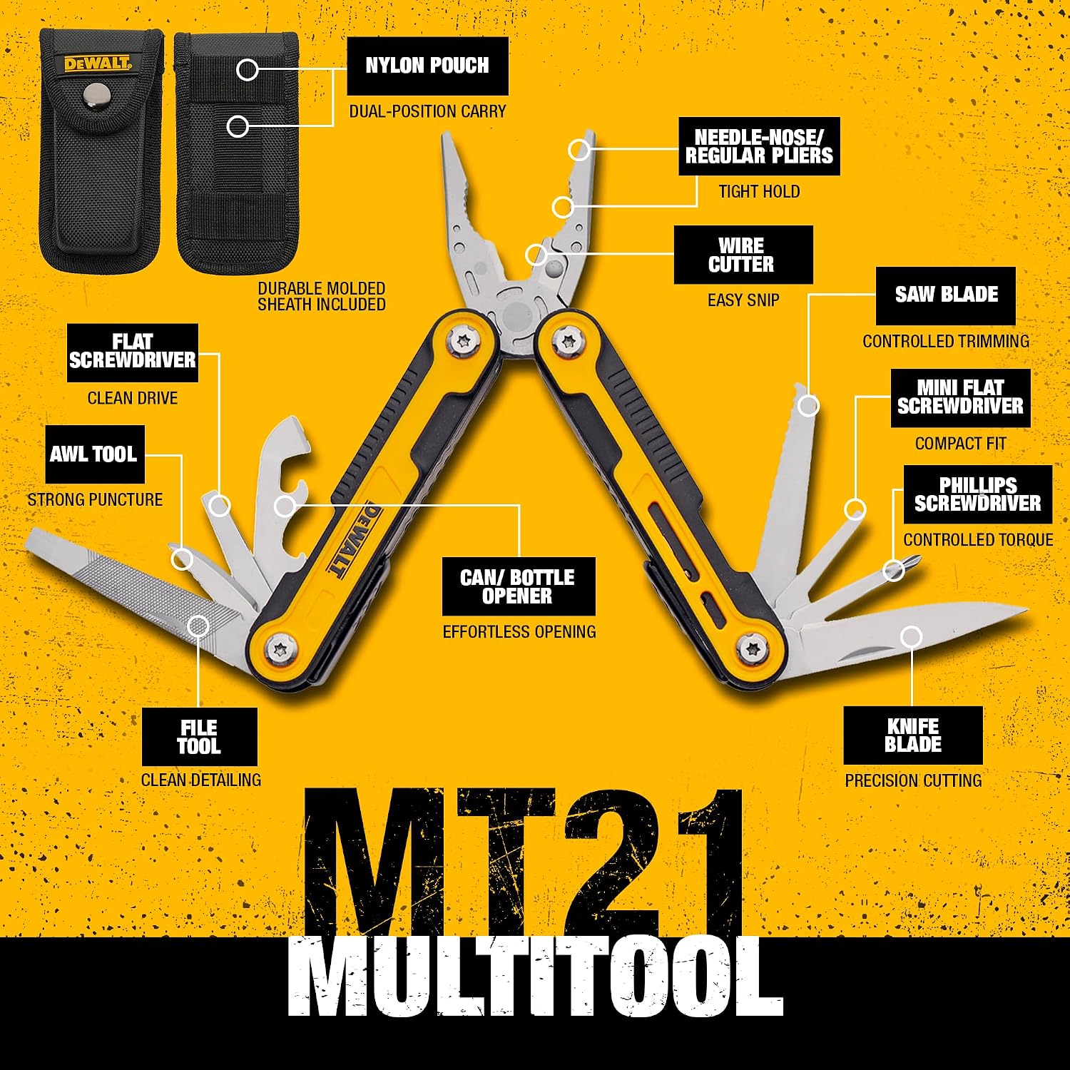 DEWALT 11-in-1 Multitool with Sheath – Folding Pocket Tool with Knife, Pliers, Screwdrivers, Saw, can and bottle opener– Compact EDC Tool for Construction, Trades & Jobsite Use