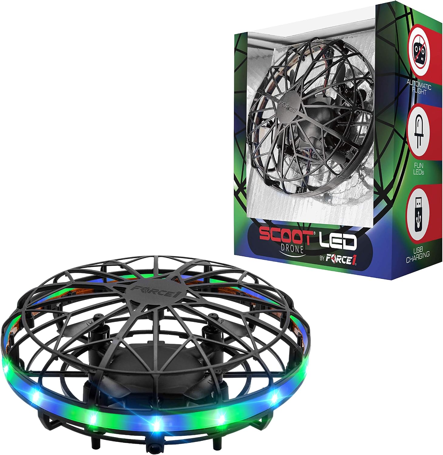 Force1 Scoot LED Hand Operated Drone for Kids or Adults – Hands Free Motion Sensor Mini Drones, Easy Indoor Flying Orb Ball Small UFO Toy for Boys and Girls (Green/Blue)