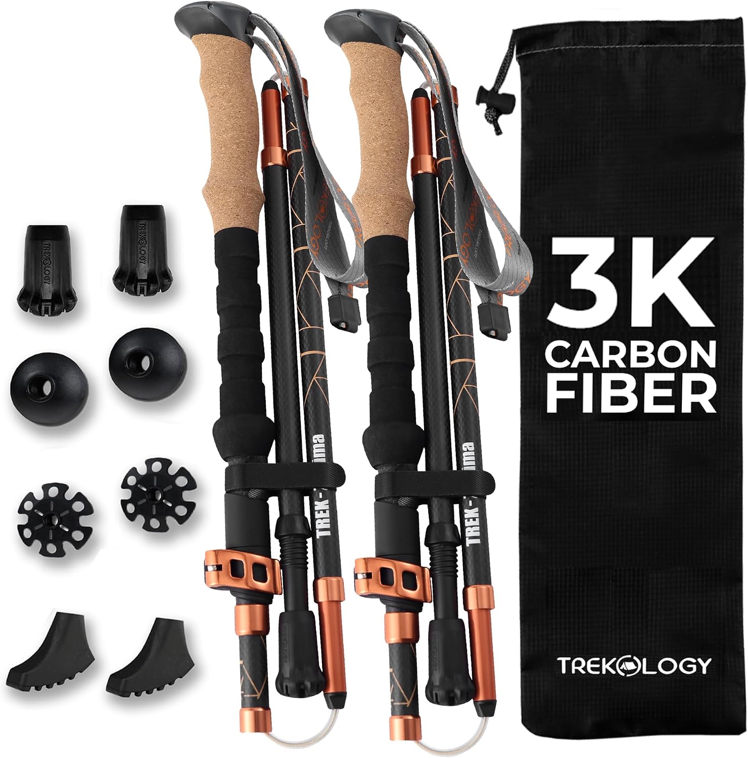 Trekology Trek-Z Prima 3K Carbon Fiber Trekking Poles – Ultralight Folding Walking Poles for Women & Men, Compact Collapsible Hiking Sticks, Cork Grip